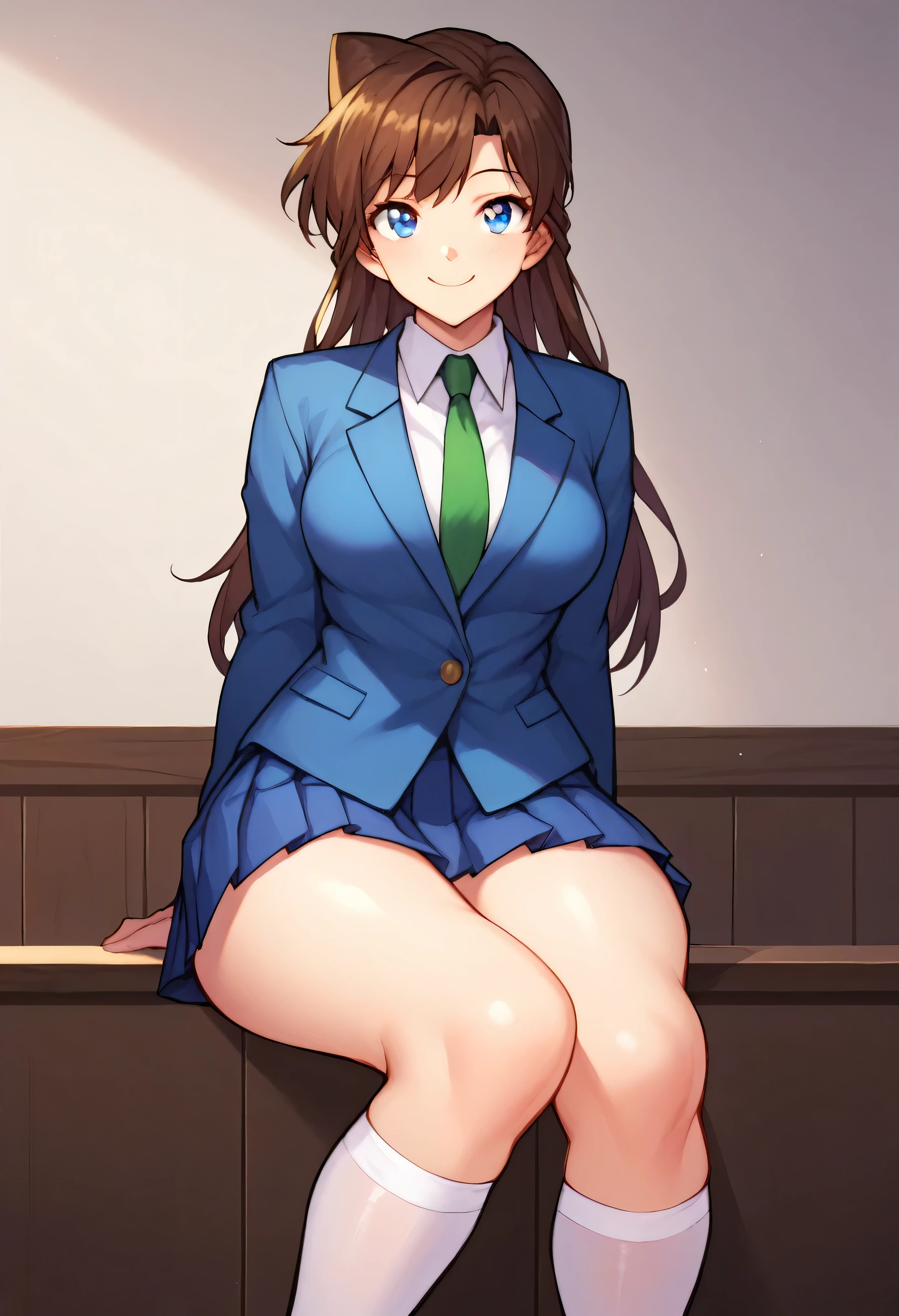 score_9, score_8_up, score_7_up, score_6_up, BREAK, RanMoriDCXL, blue eyes, brown hair, long hair, bangs, medium breasts, blue jacket, closed jacket, shirt, green necktie, blue skirt, pleated skirt, white stockings, black shoes, solo, standing, looking at viewer, indoors, thighs, wide hips, smile, sitting