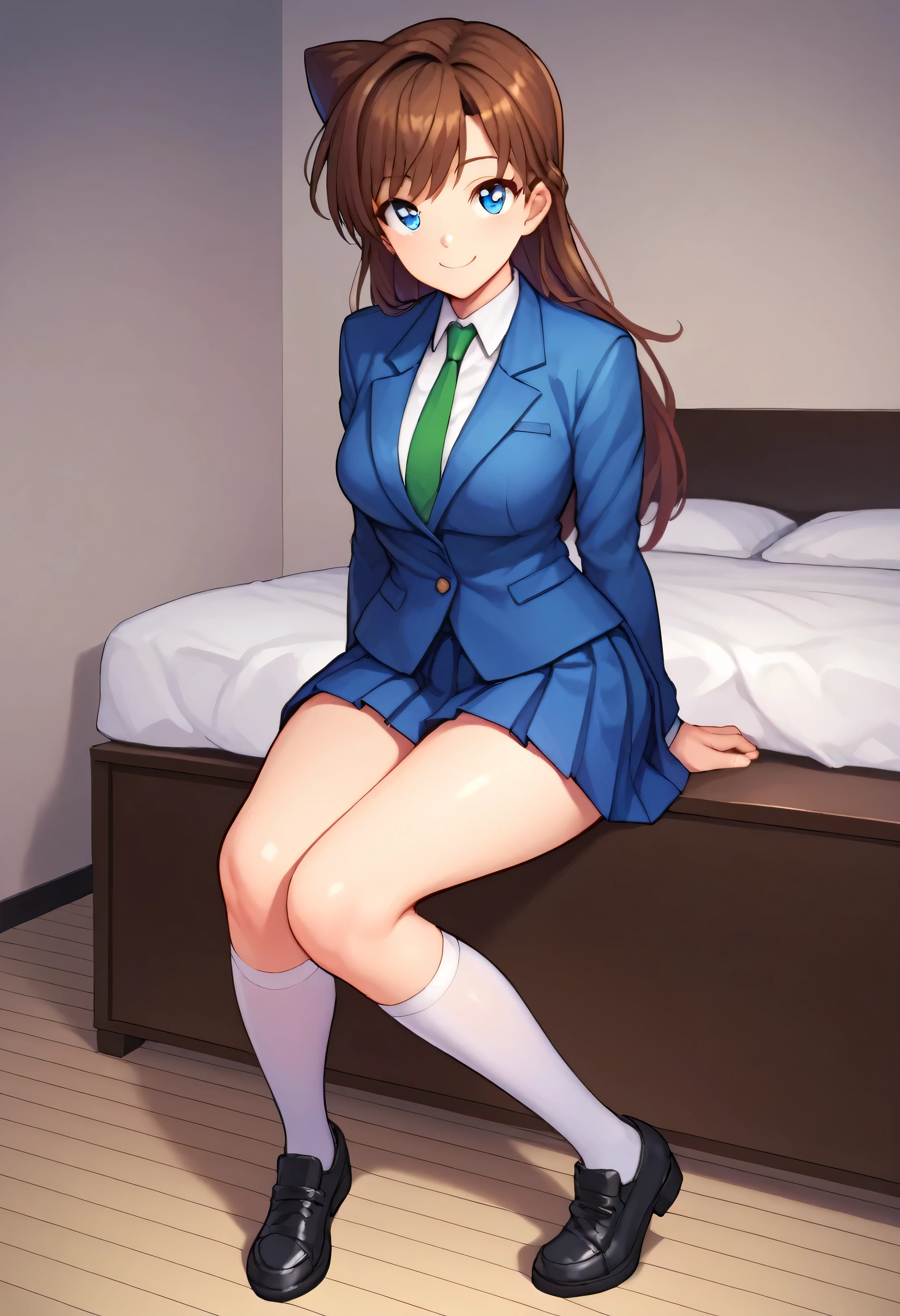 score_9, score_8_up, score_7_up, score_6_up, BREAK, RanMoriDCXL, blue eyes, brown hair, long hair, bangs, medium breasts, blue jacket, closed jacket, shirt, green necktie, blue skirt, pleated skirt, white stockings, black shoes, solo, standing, looking at viewer, indoors, thighs, wide hips, smile, sitting