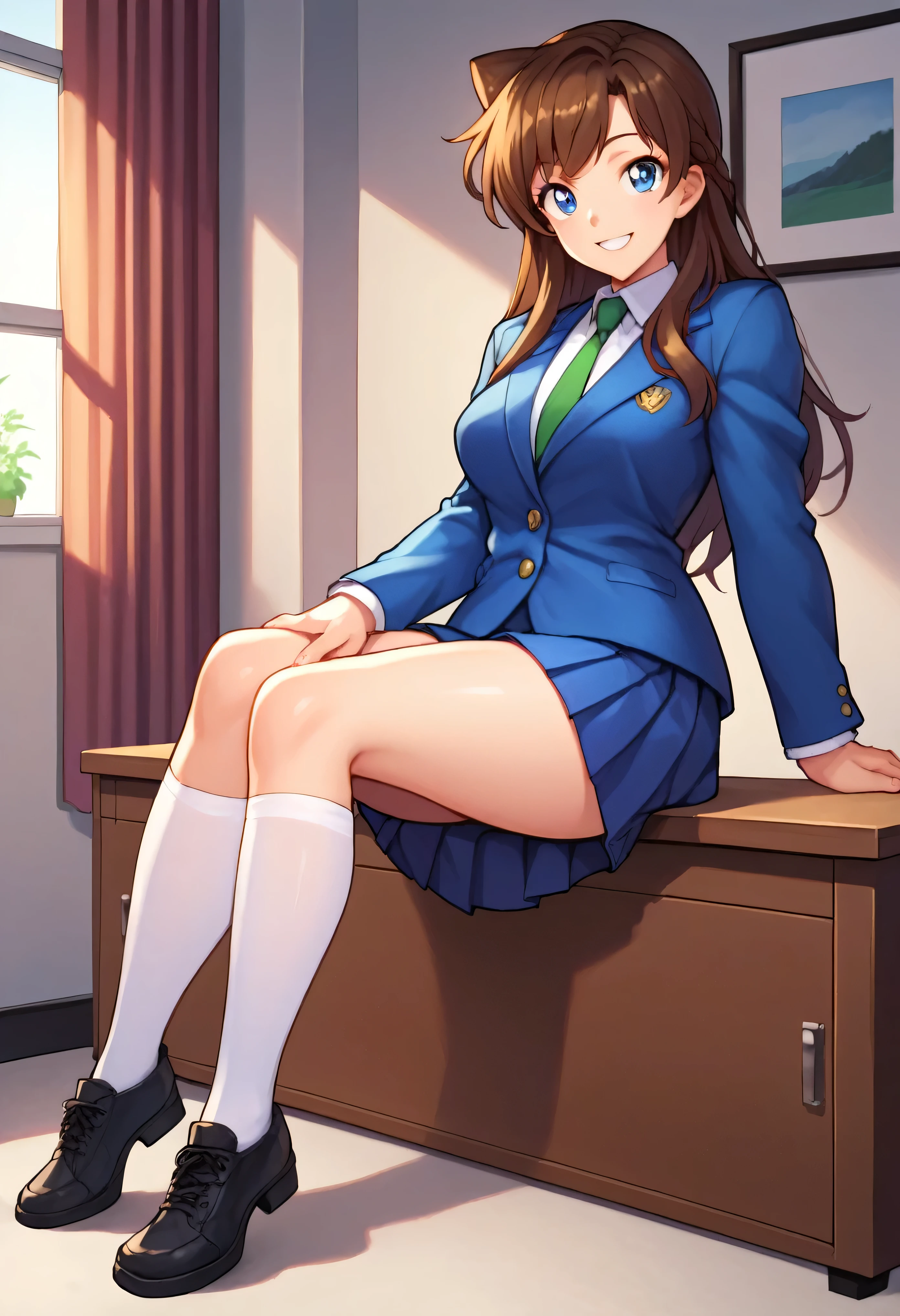 score_9, score_8_up, score_7_up, score_6_up, BREAK, RanMoriDCXL, blue eyes, brown hair, long hair, bangs, medium breasts, blue jacket, closed jacket, shirt, green necktie, blue skirt, pleated skirt, white stockings, black shoes, solo, standing, looking at viewer, indoors, thighs, wide hips, smile, sitting