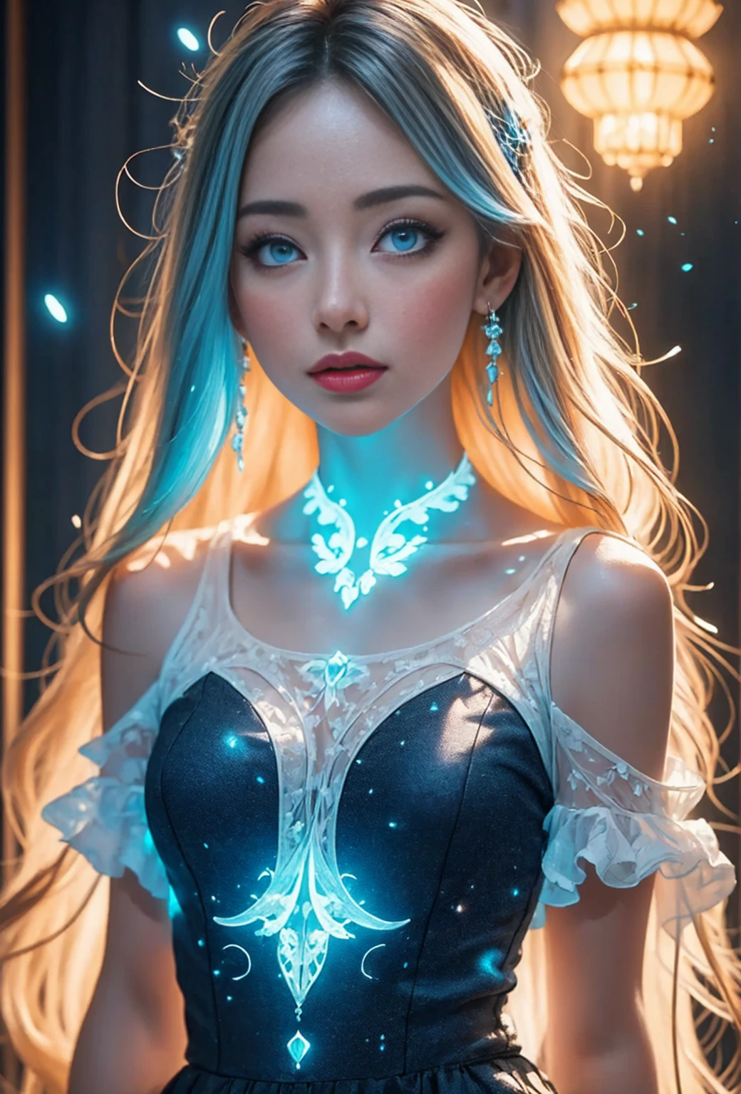 ((masterpiece)), (Top quality), (detailed), (1 woman), (Internal data stream) light blue gradient hair, Bright blue luminous eyes, Straight hair, Wearing a modern white shirt and black dress, Covered with data particles, locked in the neck