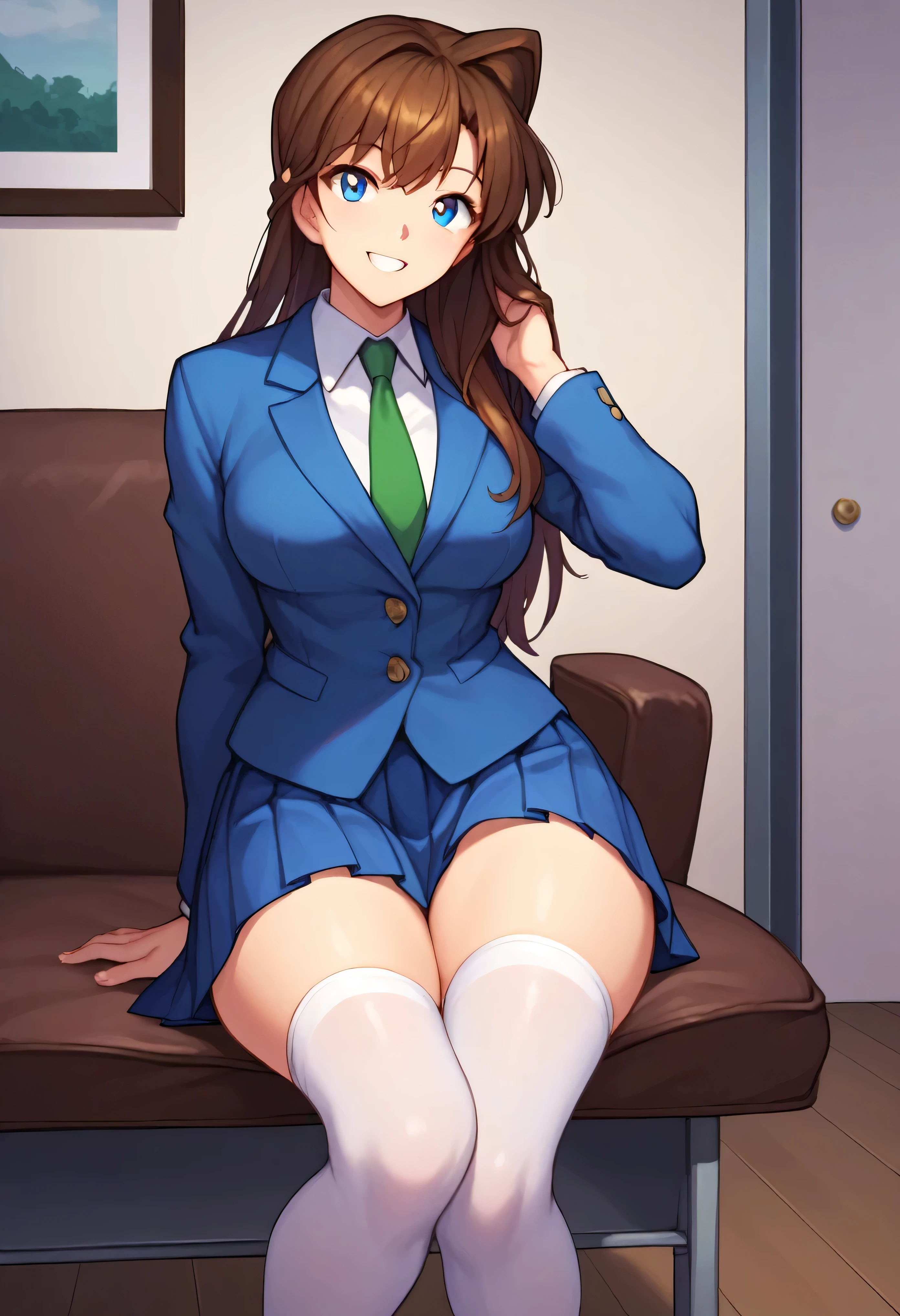 score_9, score_8_up, score_7_up, score_6_up, BREAK, RanMoriDCXL, blue eyes, brown hair, long hair, bangs, medium breasts, blue jacket, closed jacket, shirt, green necktie, blue skirt, pleated skirt, white stockings, black shoes, solo, standing, looking at viewer, indoors, thighs, wide hips, smile, sitting