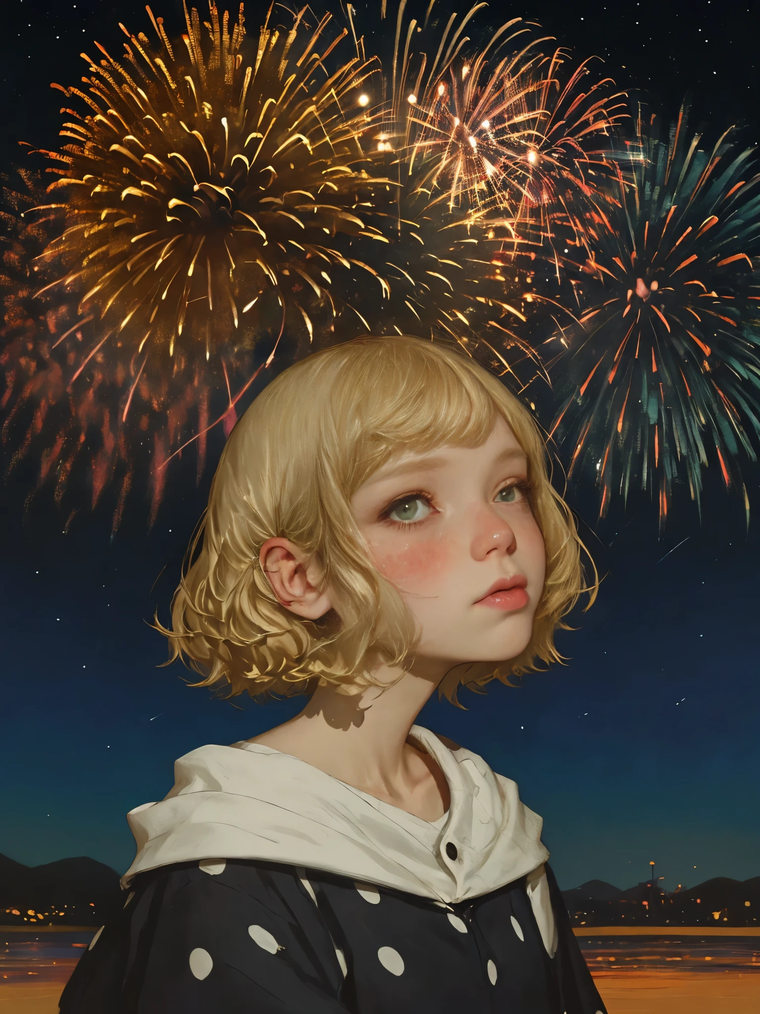 Animaportrait of a woman with wavy gold hair, set against a backdrop of colorful fireworks in a night sky (masterpiece:1.2), (best quality, amazing quality, very aesthetic, absurdres).
