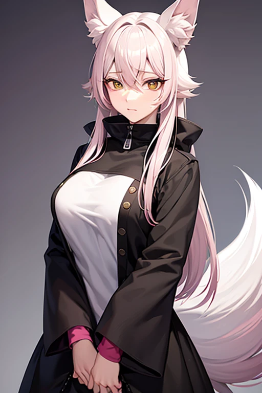 Waifu fox with white hair and pink locks, with a black eye with a white pupil,fox ears, con treje de conejita