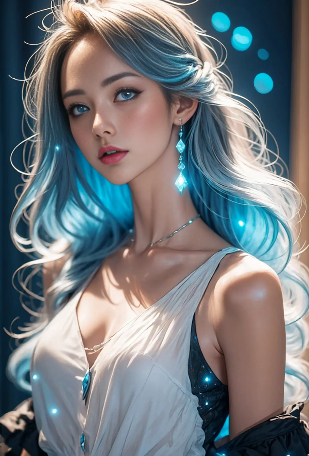 ((masterpiece)), (Top quality), (detailed), (1 woman), (Internal data stream) light blue gradient hair, Bright blue luminous eyes, Straight hair, Wearing a modern white shirt and black dress, Covered with data particles, locked in the neck