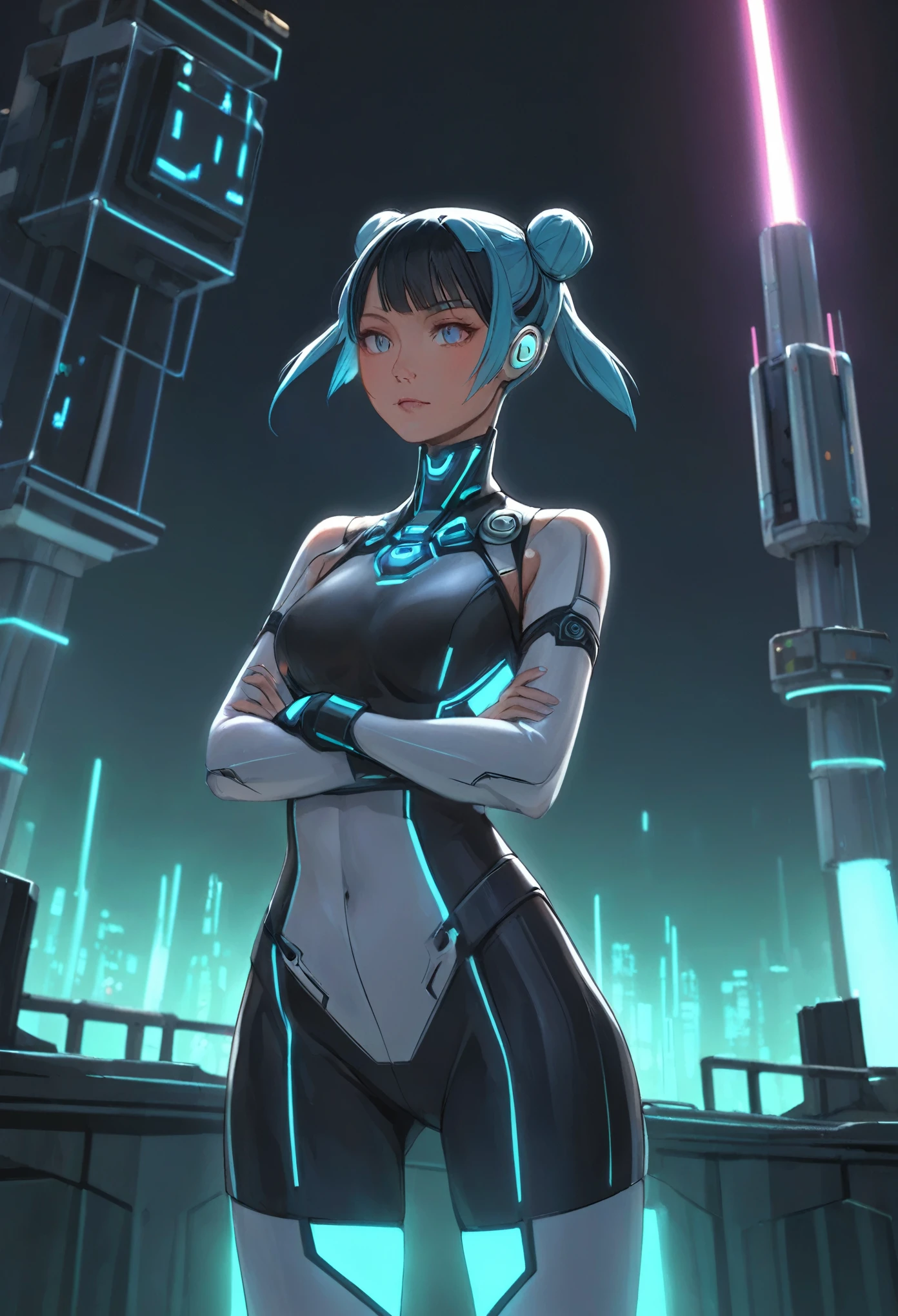 Artistic_scifi of a Korean woman with twin buns, confidently standing with her arms crossed, backdropped by a glowing tech tower.