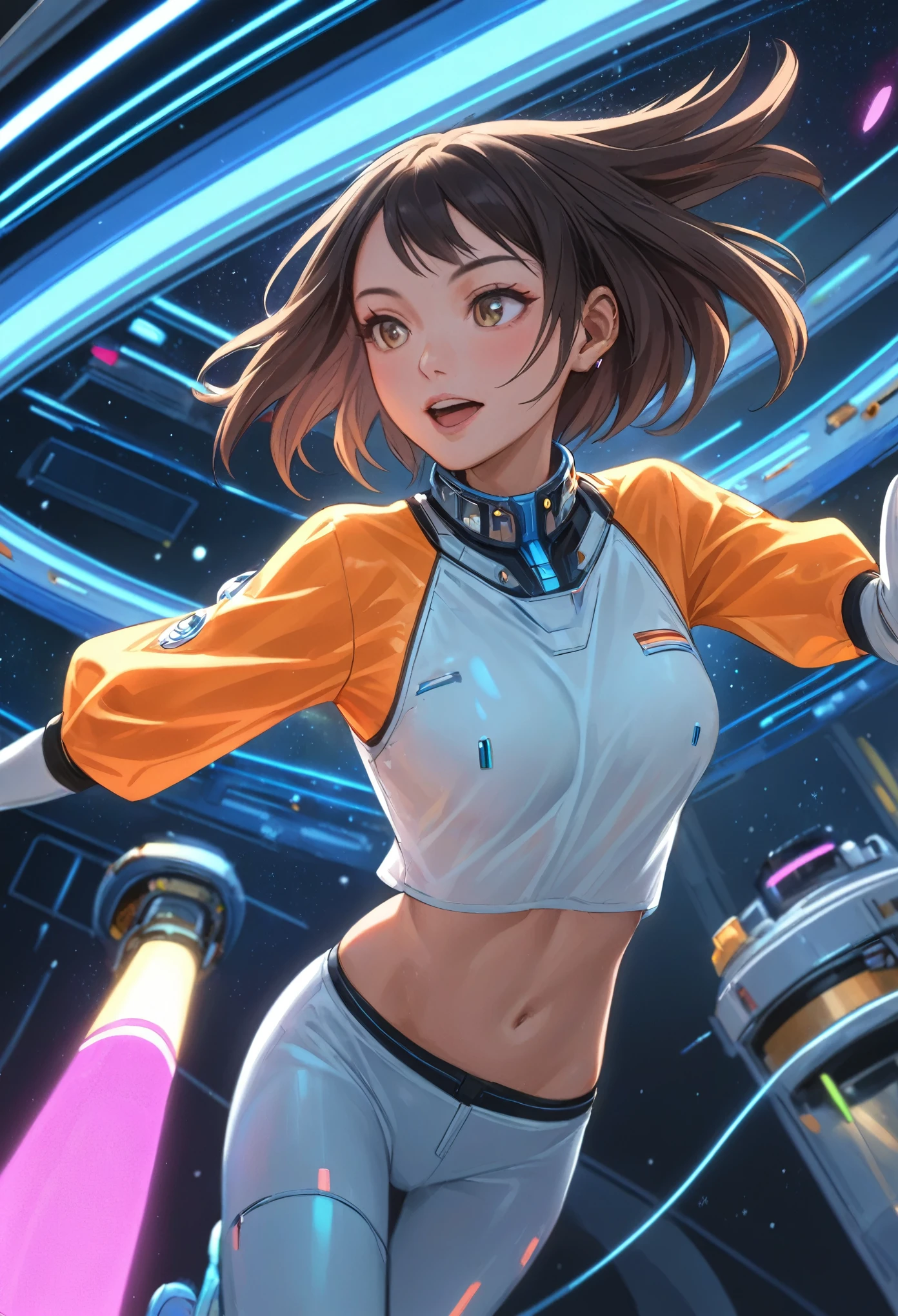 Artistic_scifi of a Thai woman with a bob cut, sprinting across a neon-lit space station in zero gravity.