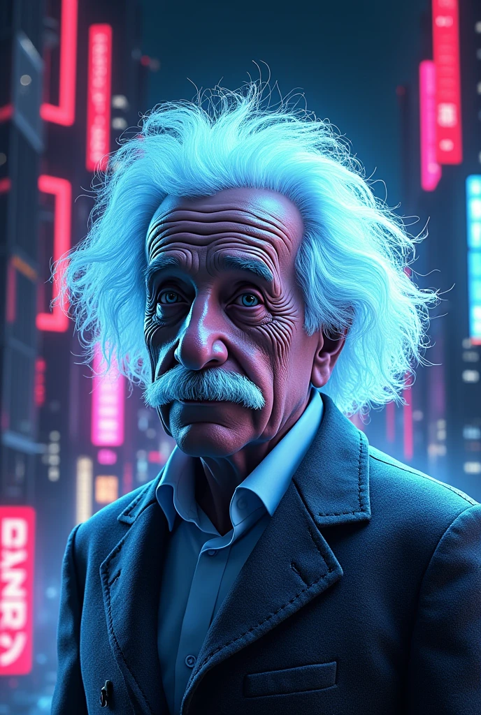 male albert einstein, cyberpunk, dark, gritty, dystopian, digital drawing, illustration, backlit, punk hair, night time lights, cyberpunk reimagined, high quality, portrait, beautiful, scaled neon cyberpunk suit, punk hairstyle, beautiful 8k, glowing tattoos