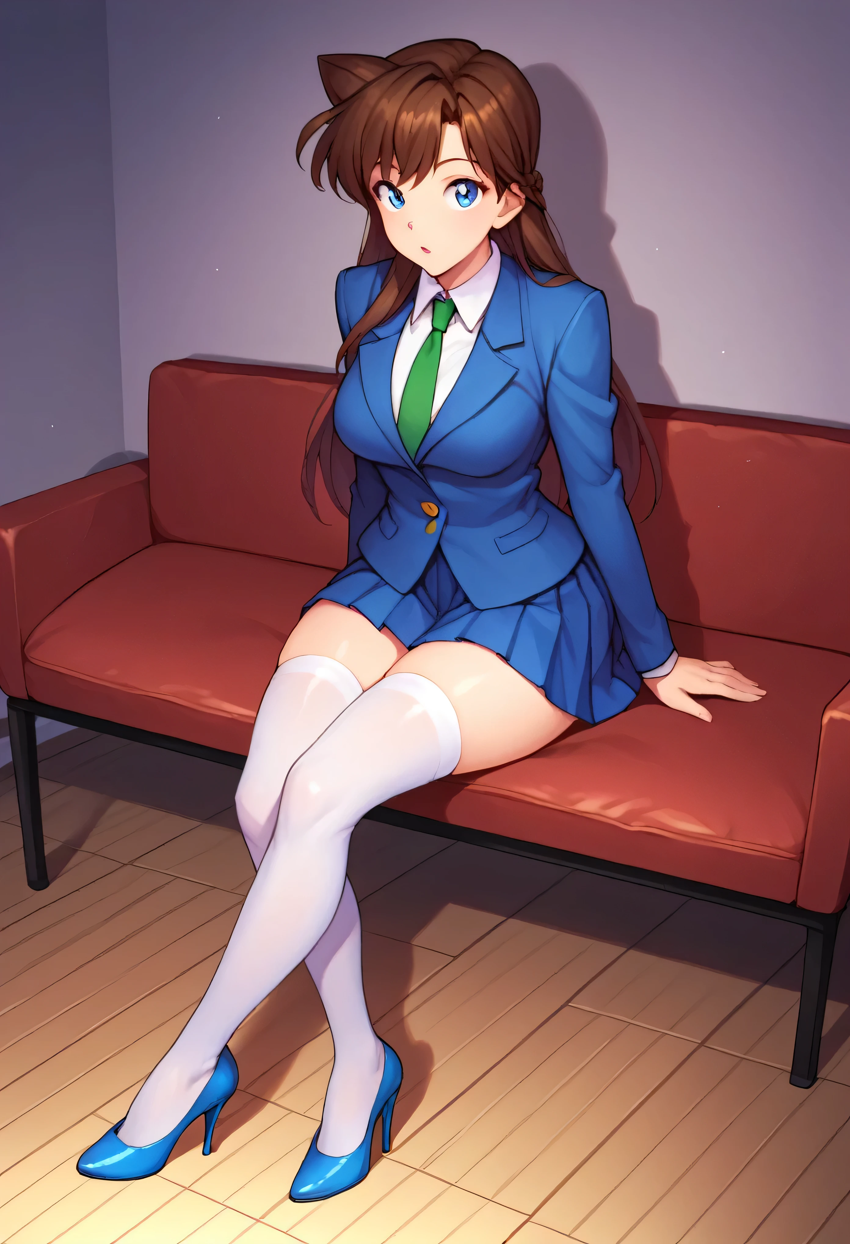 score_9, score_8_up, score_7_up, score_6_up, BREAK, RanMoriDCXL, blue eyes, brown hair, long hair, bangs, medium breasts, blue jacket, closed jacket, shirt, green necktie, blue skirt, pleated skirt, white stockings, high heels, solo, sitting, indoors, thighs, wide hips