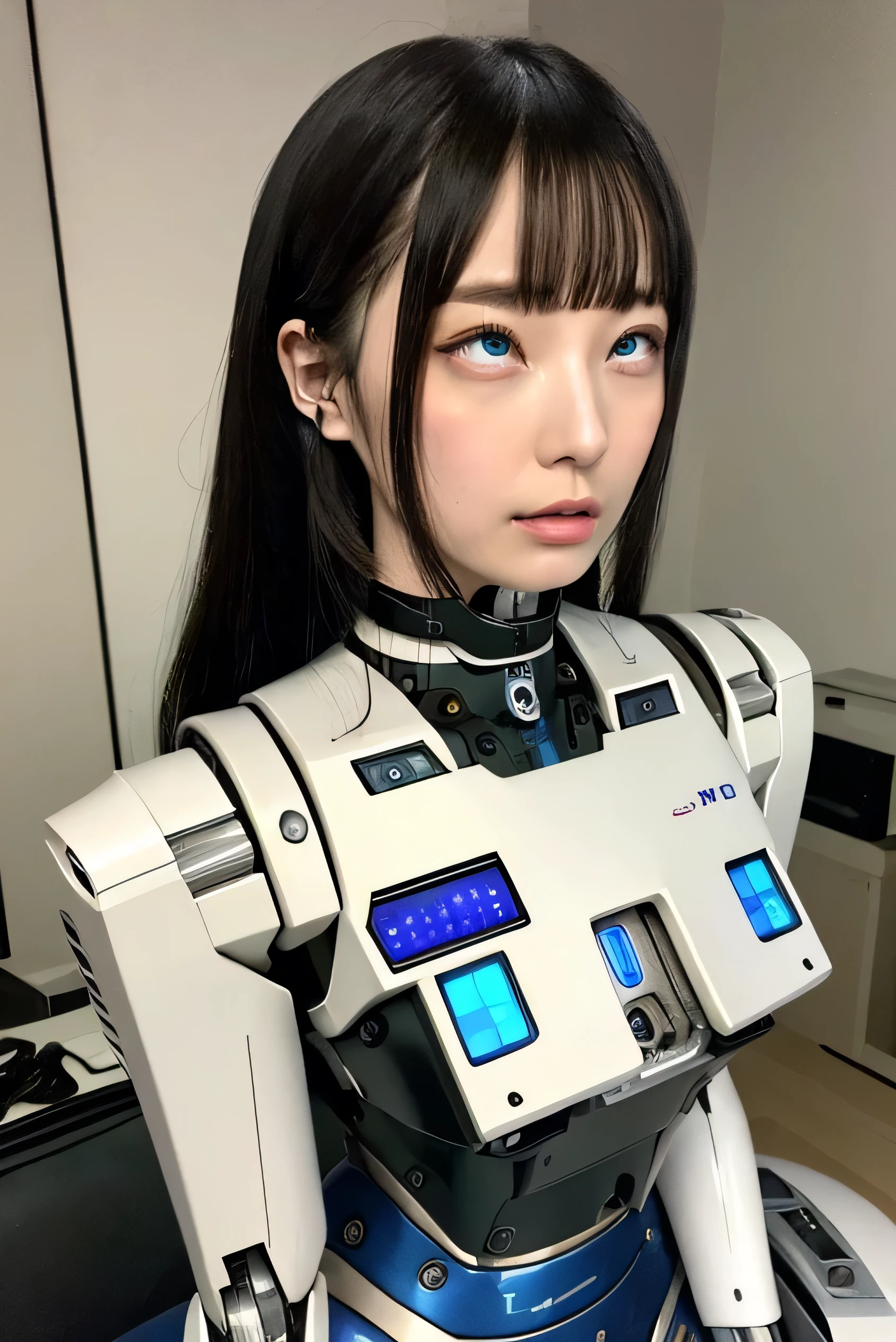 masterpiece, best quality, extremely detailed, Japaese Cyborg girl,Plump , control panels,android,Droid,Mechanical Hand, Robot arms and legs, Black Robot Parts,Black hair,Mechanical body,Blunt bangs,White robotics parts,perfect robot girl,long tube,thick cable connected her neck,ceramic body ,mechanical body, mechanical ear cover, mechanical costume,android,robot,humanoid,cyborg,japanese android woman ,mechanical chest,blue eyes,future laboratory,connecting a cable between the legs,rolling eyes