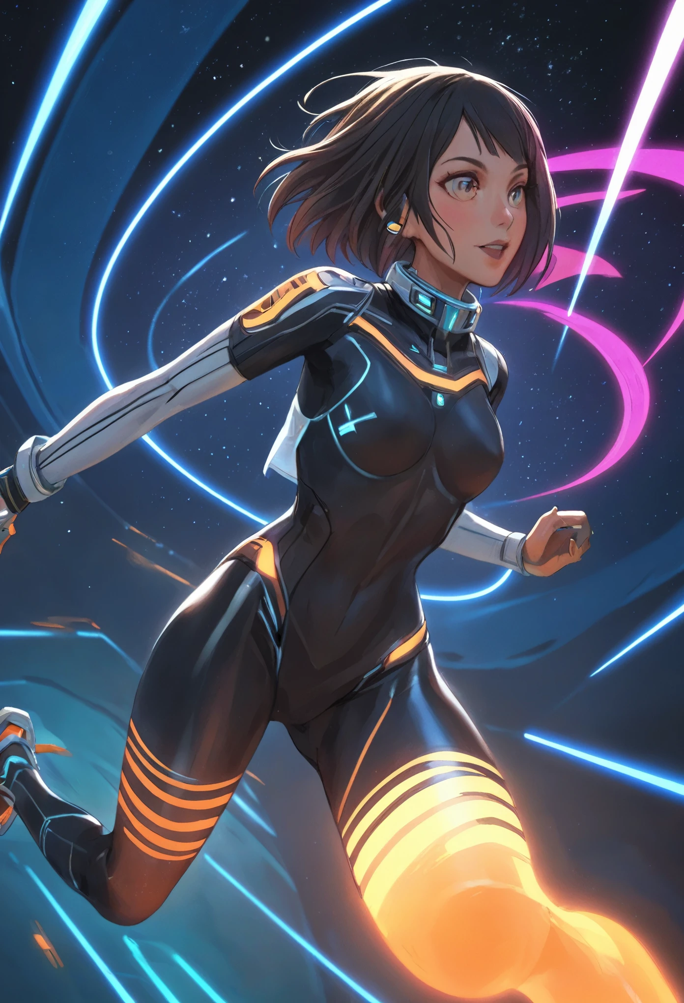 Artistic_scifi of a Thai woman with a bob cut, sprinting across a neon-lit space station in zero gravity.