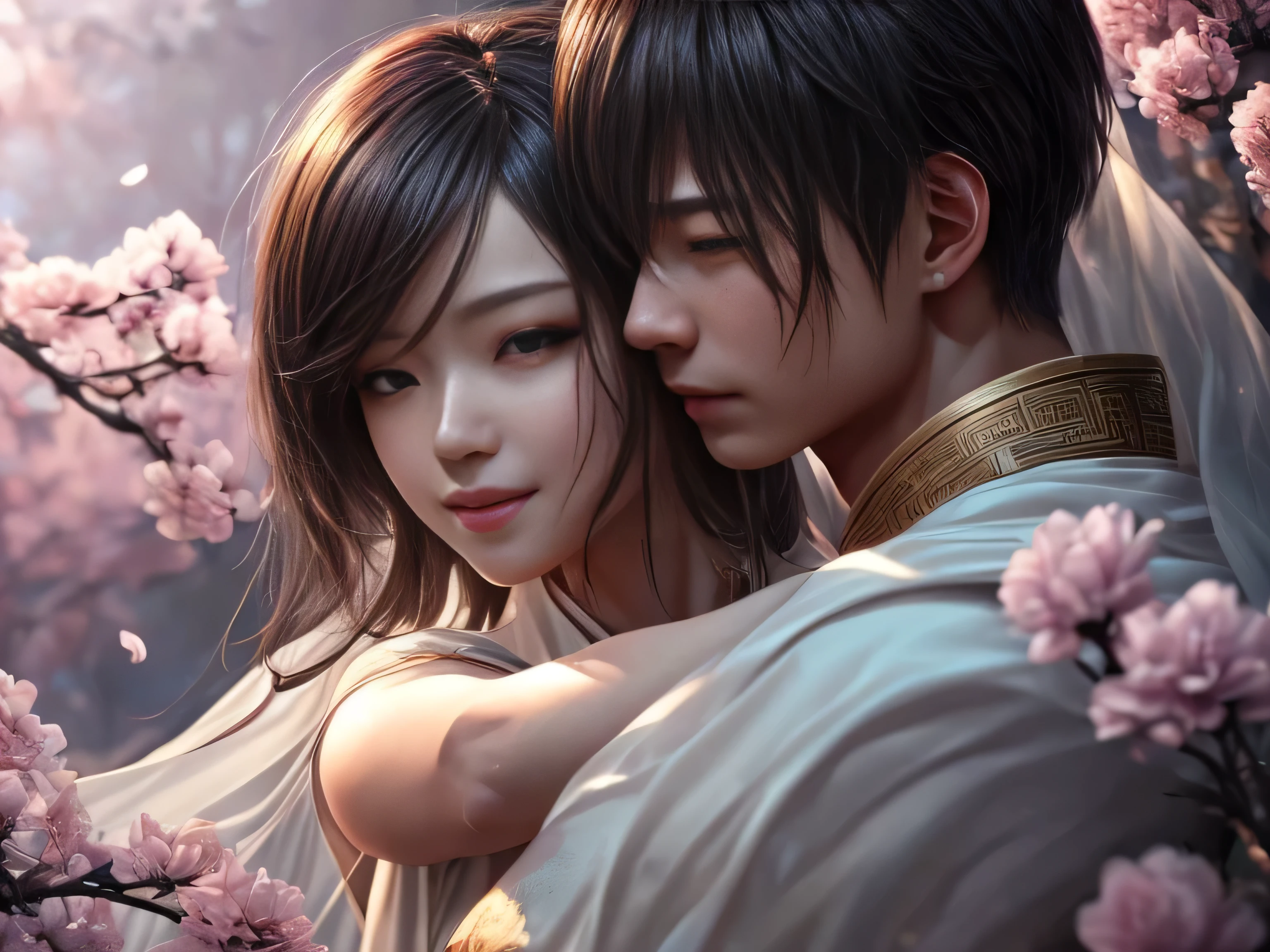 (Best Quality, Super Detail, Masterpiece, Representative Work, Official Art, Professional, Super Fine Detail, 8k:1.3), (photorealism:1.2), (Couple, Beautiful Girl and Boy), A couple in the sea of flowers, Handsome guy hugs beautiful girl from behind, Smiling and Wearing White Clothes, Delicate Hair, Ancient Chinese Beauty and Handsome Man, Wearing Ancient Chinese Clothes, Flowing Tulle, Light Silk, Create a movie poster similar to those used in Chinese romantic fantasy dramas, Perfect face, perfect hands, Sweet atmosphere, Photorealistic, Sharp Focus, Dreamy Atmosphere, Delicate Details, Soft Volumetric Light, (Backlight:1.3), (Cinematic:1.2), Intricate Details, (ArtStation:1.3)