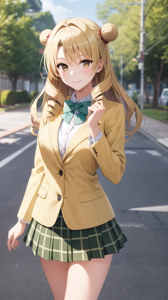 masterpiece, best quality, highres, 1girl, solo, long hair, blonde hair, double bun, drill hair, brown eyes, school uniform, green bowtie, blazer, yellow jacket, long sleeves, plaid skirt, green skirt, standing, cowboy shot, outdoors, smile,