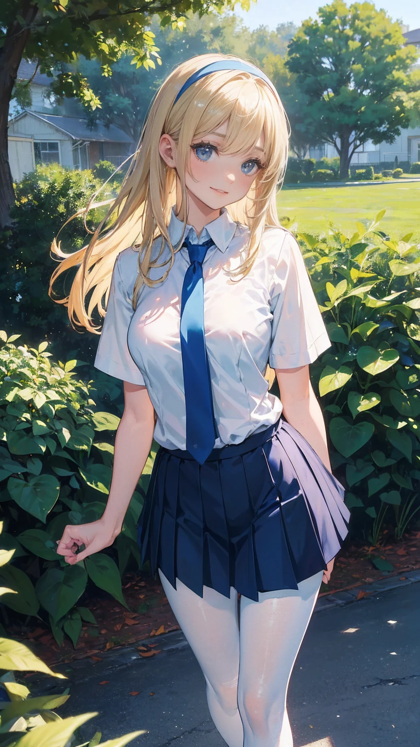 ((Best Quality)), ((masterpiece)), (detailed), (Focus on the characters、Focus on breasts,whole body), Anime 2D Rendering, Realistic young anime woman, Five fingers, Perfect Face, Beautiful details, Beautiful body, Beautiful breasts, beautiful thighs, (Small breasts)、Beautiful legs, (White beautiful skin), 、 Girl、一人Girl, blonde、(Long Hair、White headband), ((Collared short-sleeved shirt, White shirt, Blue checkered pleated skirt, Blue tie))、(Black Pantyhose、), Wicked Smile、((Green))、garden、She turns her face and body towards the viewer，A pretty face and a charming smile，Standing、
