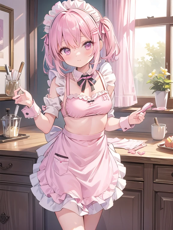 Beautiful illustrations、(Pink maid bikini:1.4),(apron:1.4),(frilld:1.2), Maid&#39;s Headdress, Choker, Clevis, collar, (Covered nipples:1.2),(Swollen nipples:1.4), Large Breasts,(Leg Garters,Fishnet stockings:1.4),(masterpiece、Best Quality、8k ), (Beautiful details), Highly detailed face perfect lighting, Extremely detailed CG, (Perfect hands, Perfect Anatomy), 1 cute girl,Redhead、 Short Ponytail, White hair ribbon,Hair accessories,Red eyes, Small breasts,Sexy pose,Thighs、Sitting ,(Spread your legs:1.4),Spread your legs,(Lift your legs:1.5),(Armrest:1.4),(Camel Toe:1.3),shoes,(Showing off the vagina:1.5),From above,