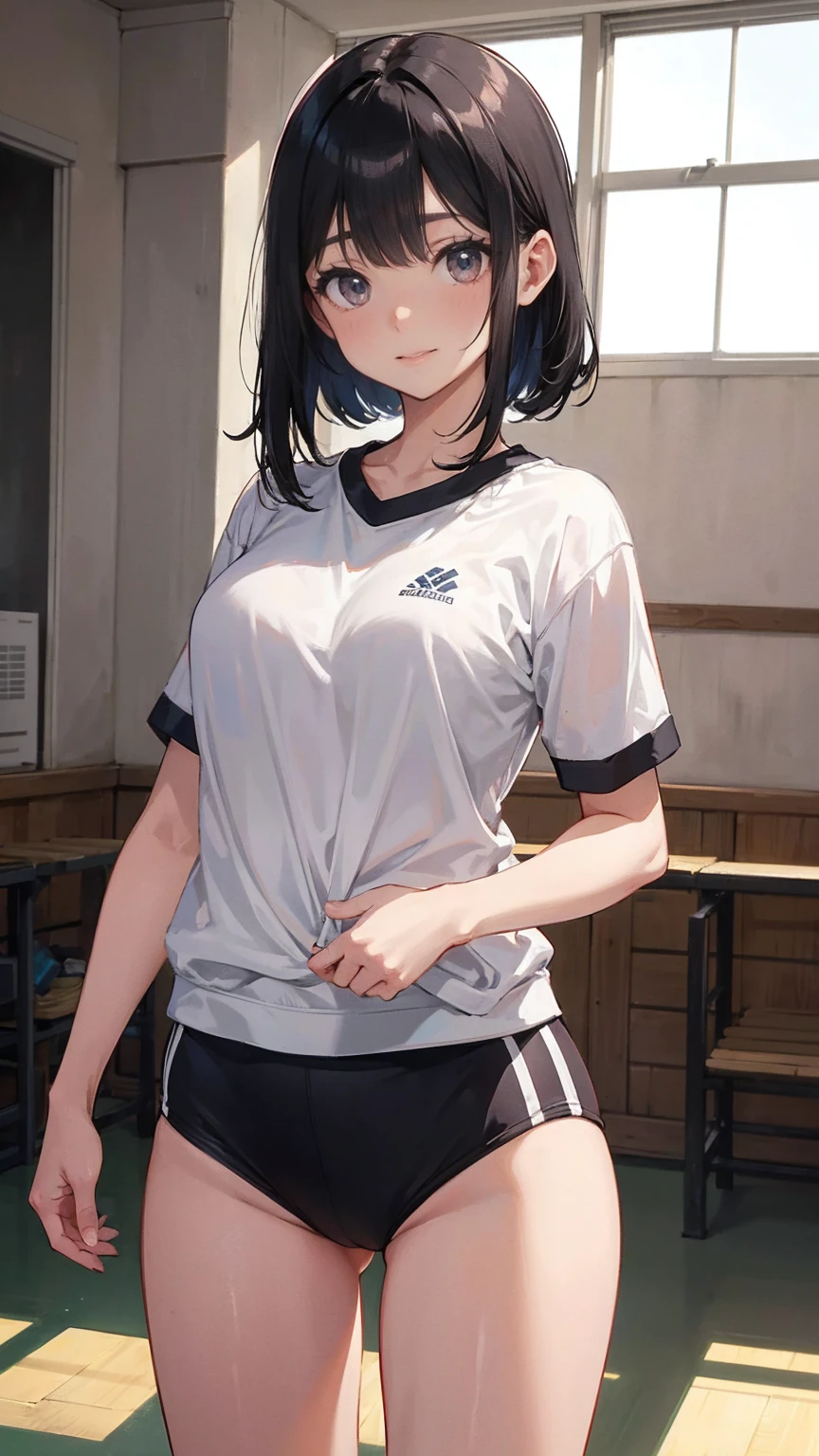 Tall、A black-haired high school girl with excellent athletic ability, Wearing a gym uniform, Holding a volleyball, Stand with Confidence, Cheerful and smiling, In a large school gym, Surrounded by classmates, Bright sunlight streaming through the window, Her posture is strong、Excellent athletic ability, Her eyes are full of energy, In the background, they are teasing her., She is unfazed, Anime Style, Bright and warm lighting, Detailed Gym Background, Dynamic composition, 8K quality, Very detailed
