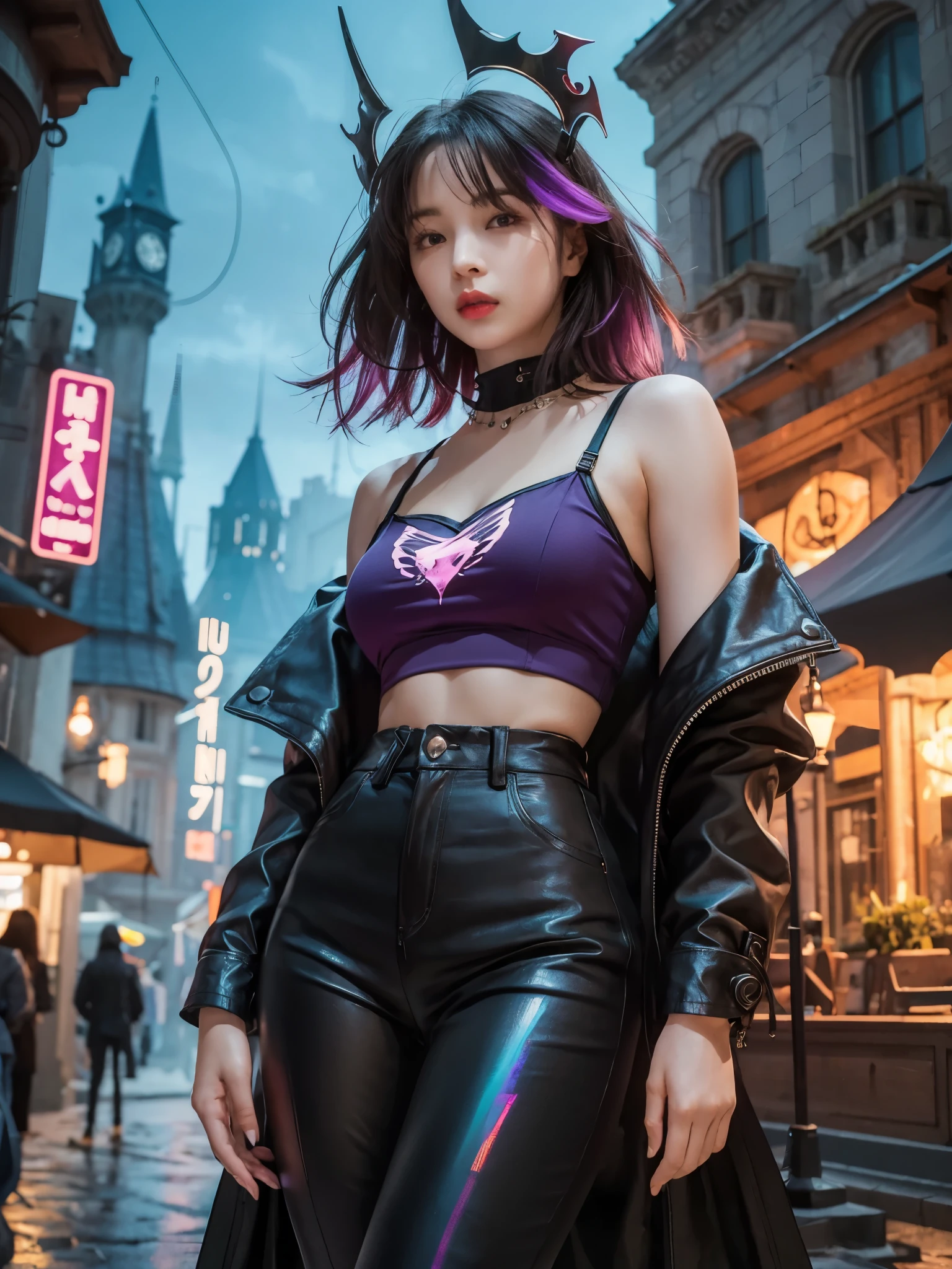 girl, standing, hand on waist, slightly bent leg, long leather jacket, layered hair, crop camisole, high waisted pants, looking at viewer, hologram, violet dress, fantasy empress, outdoors, gothic architecture, alluring, midnight,