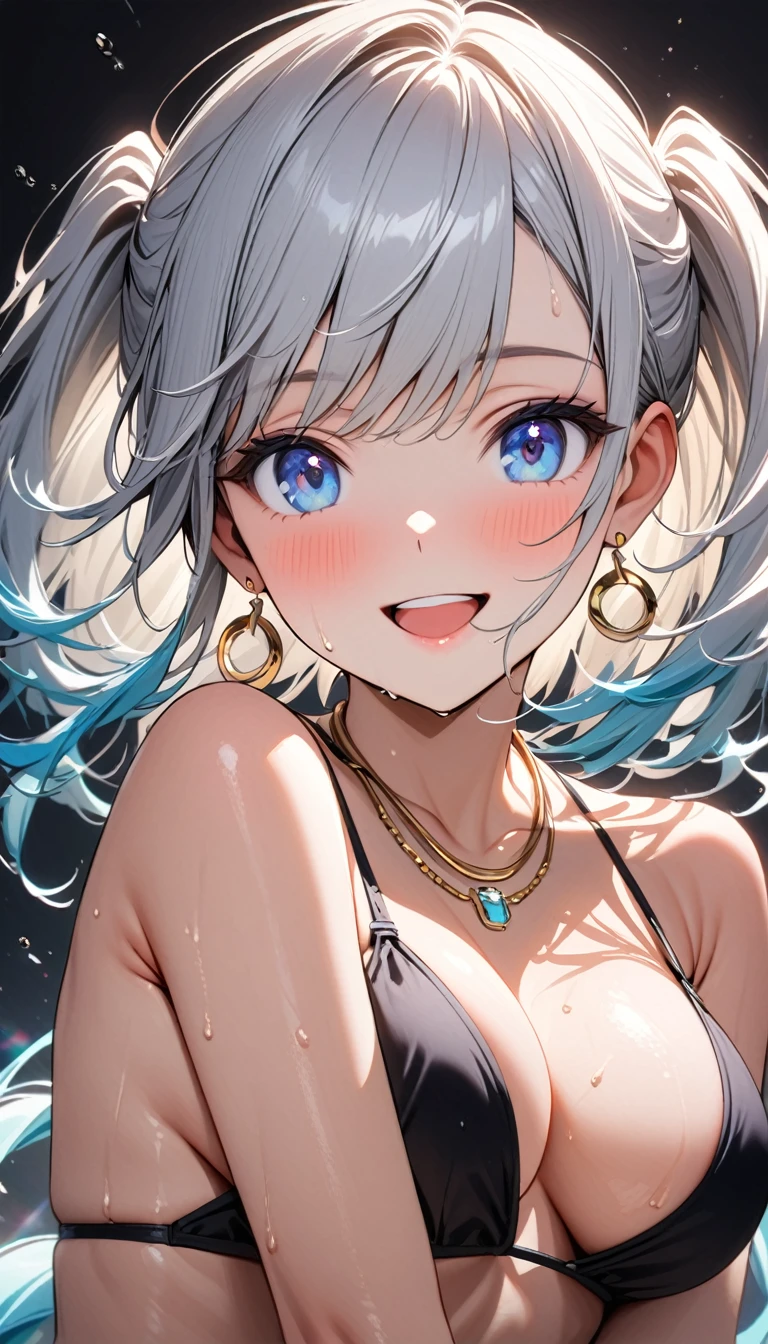 (masterpieceThe best quality:1.4), (Young woman, Age 19, Alone, Wet肌、White, white hair、Holographic transparent twin tail hair, Transparent Gradient Hair, Two-tone hair, Swept-apart bangs, Bright smile, Open your mouth, blue eyes, Perfect Eyes:1.1), (thin gold necklace, small gold round earrings, Holographic glitter floral bikini、(((Large Breasts:1.8))), Particles of light, high detail, Shining Light, bloom, Textured skin, barefoot, Natural Light, (Mature), Particles of light, Profound, ((Hair above the eyes)), Eyes visible through hair, , Wet, （Autumn Beach), (teeth), Rear view