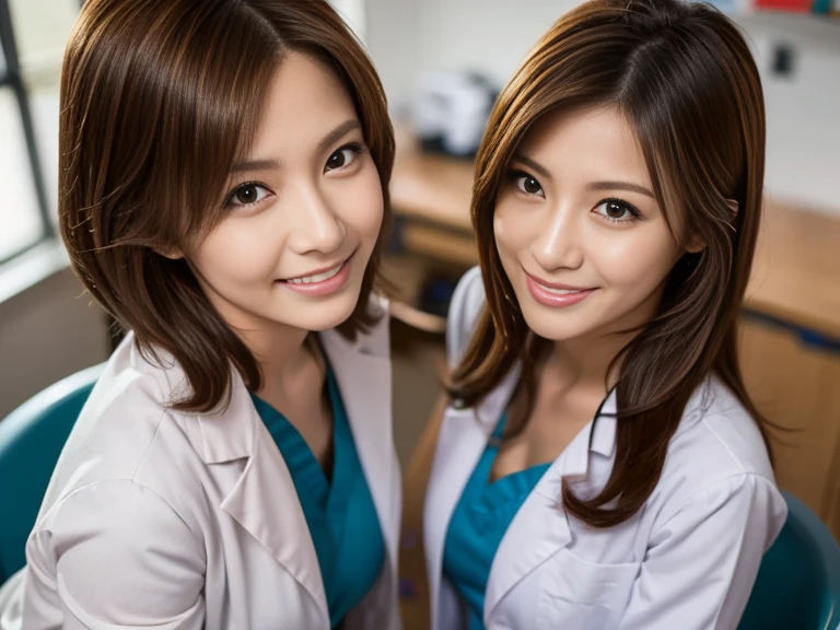 masterpiece, best quality, beautiful woman, 2 female doctor and apprentice 2 nurses, big breasts, (Instructions on groin and thighs carefully massage), (laboratory bench swollen crotch viewer), seductive grin smug, light-brown hair, at examination room, dynamic angle, depth of view, POV