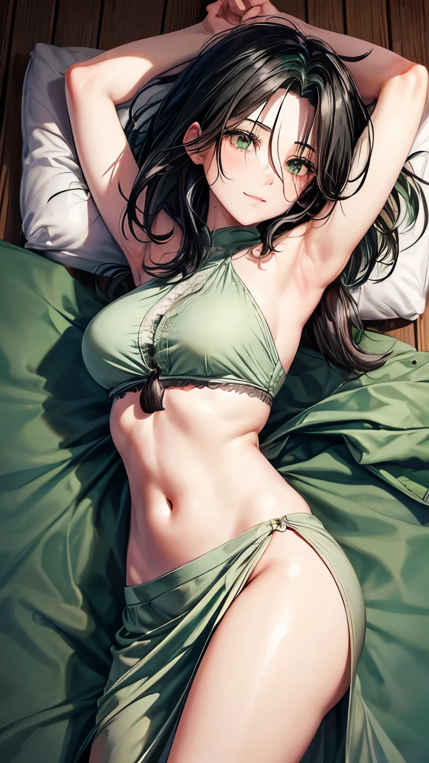 1 Fubuki, Bedrooms、Are sleeping、, Nature,  Breast, Open armpits,, Green hair, Night light, moon light, Using a bra, Sweating, in front of camera，bodyguard，Make something sexy，looks directly at camera，In a nutshell，perfect bodies ，Green hair，large full breasts, sexy  pose, Sensual milf, Provocation, Interior clothes only, Exitada, Hot, NSFW , ホーニー, String panty bra staring at the chest、cute little、Stockings、Open your legs、Lying down、string panty、bura