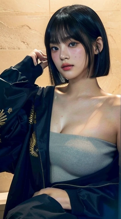 araffe asian woman with short black hair wearing a grey top golden green eyes, with short hair, black hime cut hair, the hime cut, she has black hair with bangs, kiko mizuhara, with a bob cut, anime girl in real life, with short hair with bangs, asian girl, beautiful asian girl, white hime cut hairstyle, of taiwanese girl with tattoos, 🤤 girl portrait, hyper realistic aesthetic, small freckles, hyper realistic teenager, barbie doll, freckles!!!, detailed face, realistic, Físico : el abdomen más pequeño jamás visto, jisoo from blackpink, popular south korean makeup, quality detailed ,(beautiful makeup :1.2), Wide hips, big, big ass, (best quality, 8K, masterpiece: 1.3), Clear focus: 1.2, Perfect body beauty: 1.4, strong abs, Very detailed face and skin texture. , detailed eyes, double eyelids, (long hair), having very marked curves, with greater volume in ((breasts)), 