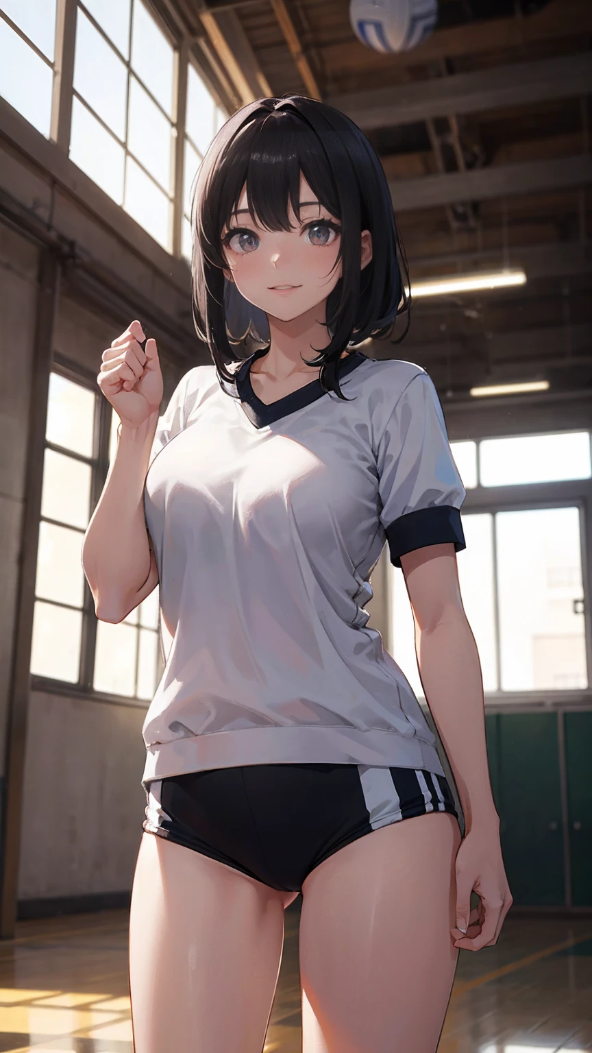 Tall、A black-haired high school girl with excellent athletic ability, Wearing a gym uniform, Holding a volleyball, Stand with Confidence, Cheerful and smiling, In a large school gym, Surrounded by classmates, Bright sunlight streaming through the window, Her posture is strong、Excellent athletic ability, Her eyes are full of energy, In the background, they are teasing her., She is unfazed, Anime Style, Bright and warm lighting, Detailed Gym Background, Dynamic composition, 8K quality, Very detailed
