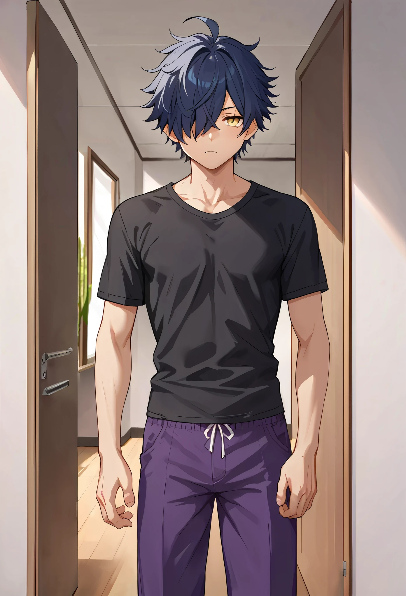 score_9_up, score_8_up, score_7_up, solo, source_anime, 1boy, handsome guy, young adult, young man, solo, dark blue hair, messy hair, ahoge BREAK hair over left eye, yellow eye BREAK white shirt, short sleeves, purple shorts BREAK indoors, hotel, fancy hallway, black shirt, long sleeves, pants, looking at viewer, standing, :/, bored face