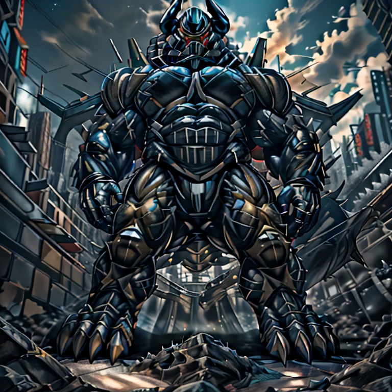 (masterpiece. official art. 8k. best quality. detailed full body. full body.)
(situation 1 : dominating mega lucario. focus GIANT mechanical Muscular mega lucario is trampling the CITY. macro. stomp. Low-angle perspective. emphasizing the immense size. The perspective is from below, emphasizing the sheer majesty and power of the Giant. giant art. He is much bigger than a skyscraper. Giga Giants. micro soccer field. looking down.)

(situation 2 :smoke and flames rising from the destruction in the city)

(Additional details 1: wearing a full-face helmet. helmet is jet black. The color of NANOSUIT is jet black. high-tech bio-mecha armor. real texture material. whole body shines like metal. Wearing cyberpunk mecha. emphasizes the muscles. suit fully made of metal. intricate armor. Robotic suit. suit fully made of metal. no face.). (mega lucario has 5 toes.) Wearing a Full Face Toxic Gas Mask. no blue.
An arrogant expression.
smile at the corner of your mouth.

(Additional details 2: (Detailed head. Detailed Body. Detailed abs. gigantic muscles. HYPER MUSCLES. Gigachad Muscular. big muscle. pecs. triceps. traps. unusually developed muscular body. body full of huge muscles. showing off muscles. pectorales enormes. Exaggeratedly huge muscles. huge muscles. long legs.).

(Additional details 3: nj5furry, Spread wings. It has wings. black have big wings. The claws are sharp. Sharp teeth.5 toes.).  Wearing a Full Face Toxic Gas Mask. 