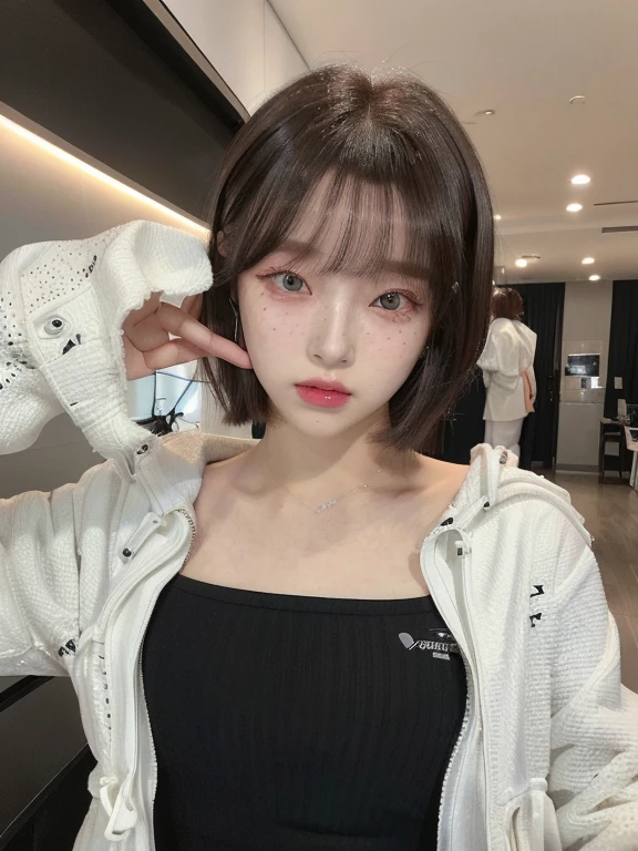 there is a woman with a black top and a white jacket grays eyes, the hime cut, sun yunjoo, with short hair, ulzzang, chiho, white hime cut hairstyle, black hime cut hair, shikamimi, heonhwa choe, jaeyeon nam, shiori teshirogi, lalisa manobal, 🤤 girl portrait, hyper realistic aesthetic, small freckles, hyper realistic teenager, barbie doll, freckles!!!, detailed face, realistic, Físico : el abdomen más pequeño jamás visto, jisoo from blackpink, popular south korean makeup, quality detailed ,(beautiful makeup :1.2), 