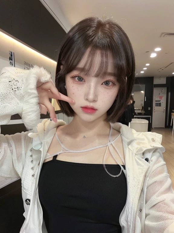 there is a woman with a black top and a white jacket grays eyes, the hime cut, sun yunjoo, with short hair, ulzzang, chiho, white hime cut hairstyle, black hime cut hair, shikamimi, heonhwa choe, jaeyeon nam, shiori teshirogi, lalisa manobal, 🤤 girl portrait, hyper realistic aesthetic, small freckles, hyper realistic teenager, barbie doll, freckles!!!, detailed face, realistic, Físico : el abdomen más pequeño jamás visto, jisoo from blackpink, popular south korean makeup, quality detailed ,(beautiful makeup :1.2), 