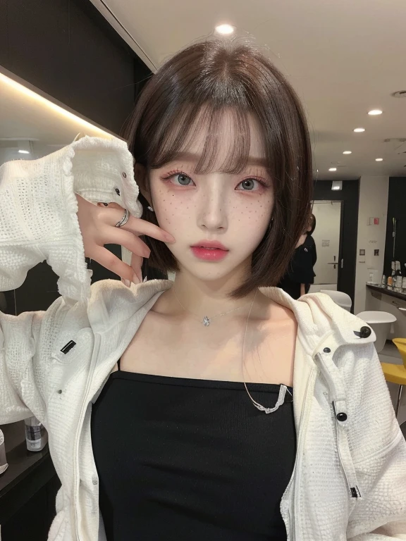 there is a woman with a black top and a white jacket grays eyes, the hime cut, sun yunjoo, with short hair, ulzzang, chiho, white hime cut hairstyle, black hime cut hair, shikamimi, heonhwa choe, jaeyeon nam, shiori teshirogi, lalisa manobal, 🤤 girl portrait, hyper realistic aesthetic, small freckles, hyper realistic teenager, barbie doll, freckles!!!, detailed face, realistic, Físico : el abdomen más pequeño jamás visto, jisoo from blackpink, popular south korean makeup, quality detailed ,(beautiful makeup :1.2), 