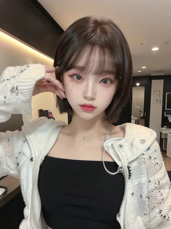 there is a woman with a black top and a white jacket grays eyes, the hime cut, sun yunjoo, with short hair, ulzzang, chiho, white hime cut hairstyle, black hime cut hair, shikamimi, heonhwa choe, jaeyeon nam, shiori teshirogi, lalisa manobal, 🤤 girl portrait, hyper realistic aesthetic, small freckles, hyper realistic teenager, barbie doll, freckles!!!, detailed face, realistic, Físico : el abdomen más pequeño jamás visto, jisoo from blackpink, popular south korean makeup, quality detailed ,(beautiful makeup :1.2), 