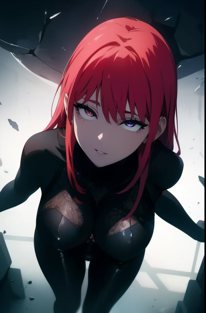 1girl,solo,super detailed skin,shiny skin,expressionless,red hair,short hair,bangs ,eyelashes,large breasts,ninja costume,kunoichi,vinyl black bodysuit,simple background,masterpiece,best quality,ultra detailed,high resolution,sharp focus,depth of field