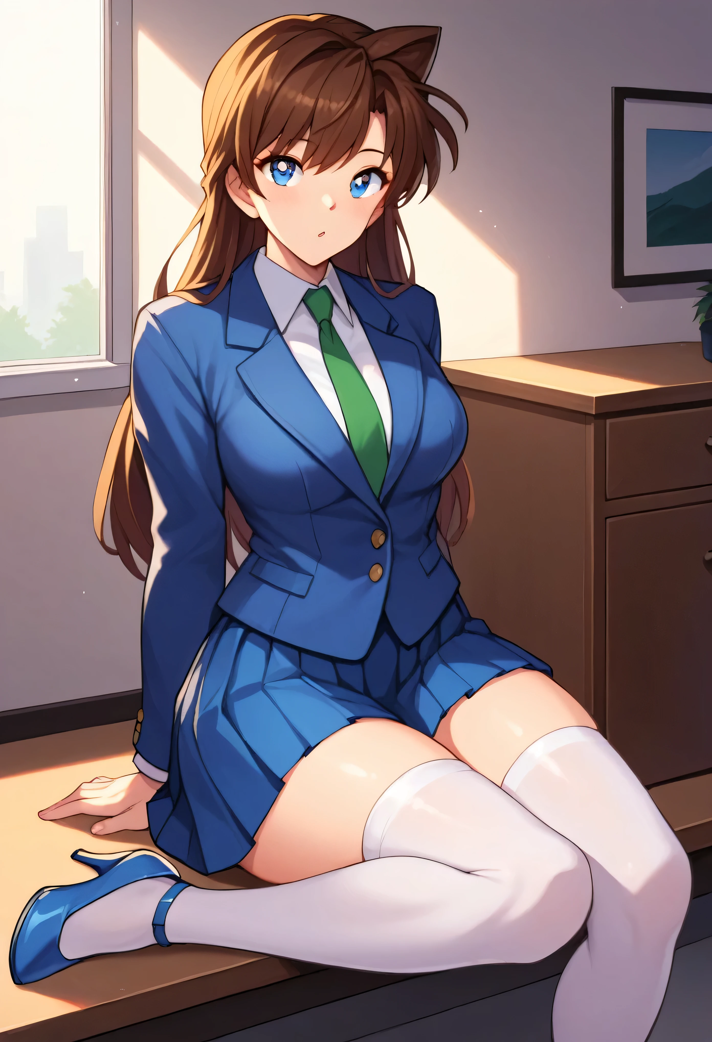 score_9, score_8_up, score_7_up, score_6_up, BREAK, RanMoriDCXL, blue eyes, brown hair, long hair, bangs, medium breasts, blue jacket, closed jacket, shirt, green necktie, blue skirt, pleated skirt, white stockings, high heels, solo, sitting, indoors, thighs, wide hips