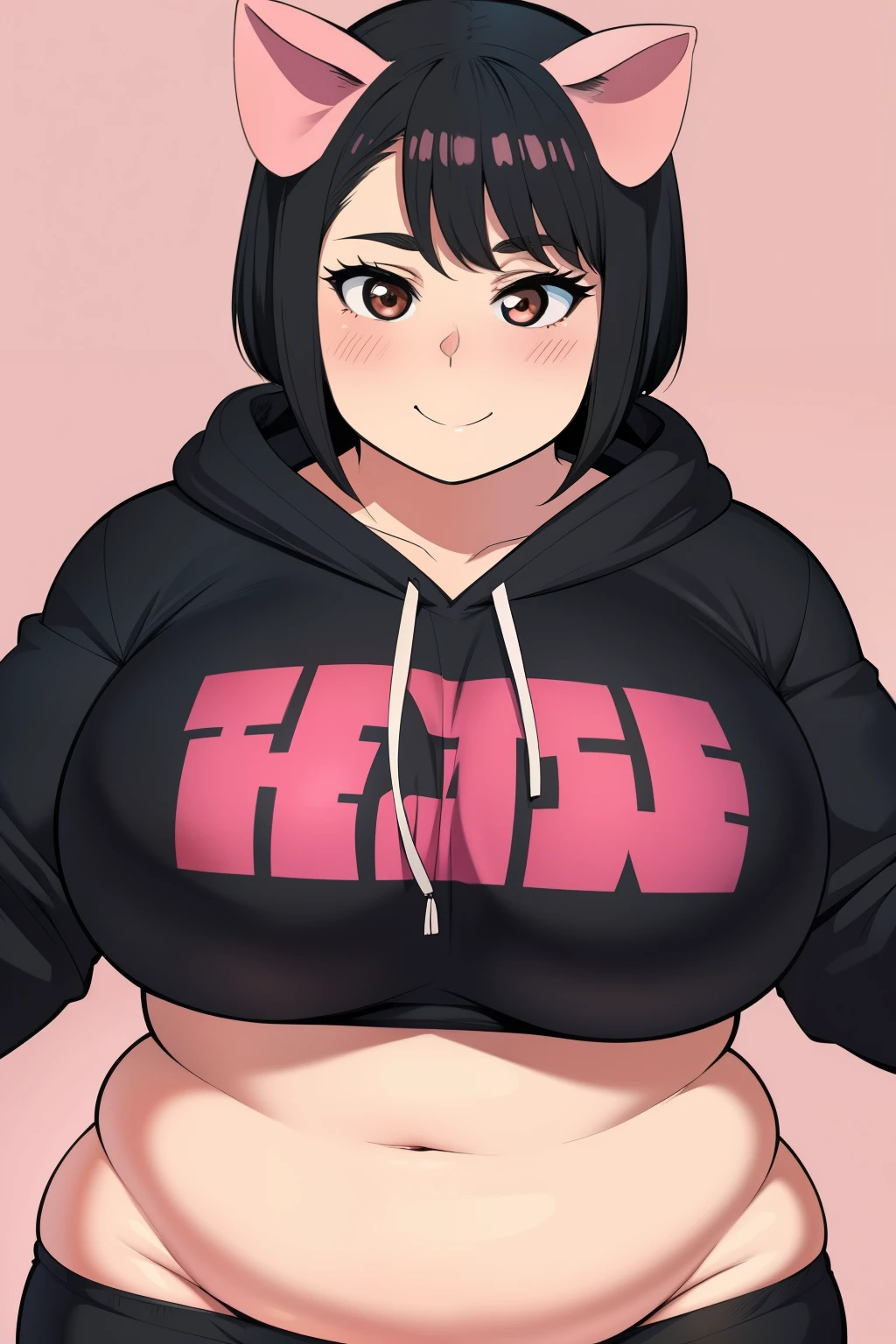 1 girl smiling, golden eyes, pink and black hair, short bob cut hair, large breasts, underboob, under chest, thick thighs, chubby, crouched, crop top, cropped hoodie underboob, mini skirt, thigh socks, glasses, choker, forest bottom