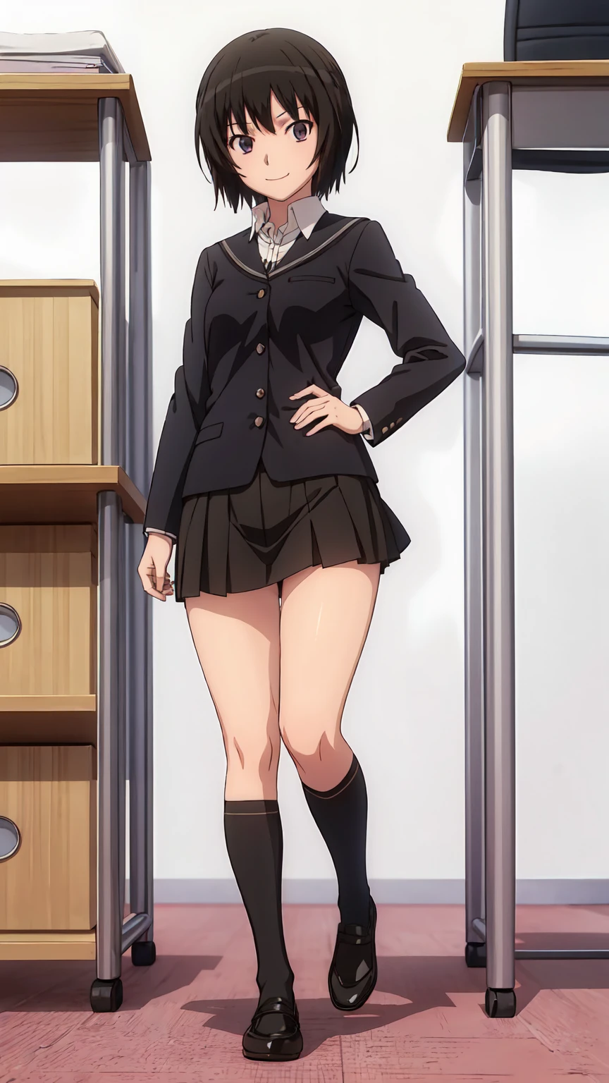 Alone, One girl, View your viewers, 2D, anime, anime coloring, （Plain white background:1.3), ai nanasaki, kibito high school uniform黒いジャケット, View your viewers, smile、Thighs、Black Skirt、Black knee-high socks、