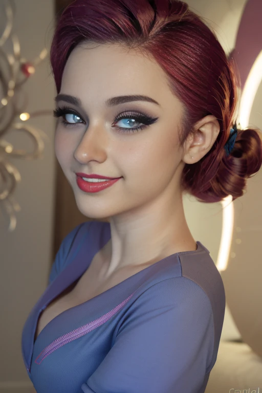 (Masterpiece, The best quality:1.2), only, 1 girl , beautiful teenage girl europea , sexy model  , mlp ,glow, Nice smile , make-up , Red lips , looking at the viewer , Nice smile ,  17 years , beautiful teenage girl , teen model , blue eyes, park ,evening , lindo make-up , Red lips , purple hair , purple hair , Full body photo , mlp , Rarity , tiene senos grandes , cara de felicidad , alegre , linda sonrisa , usa un hermoso uniforme 