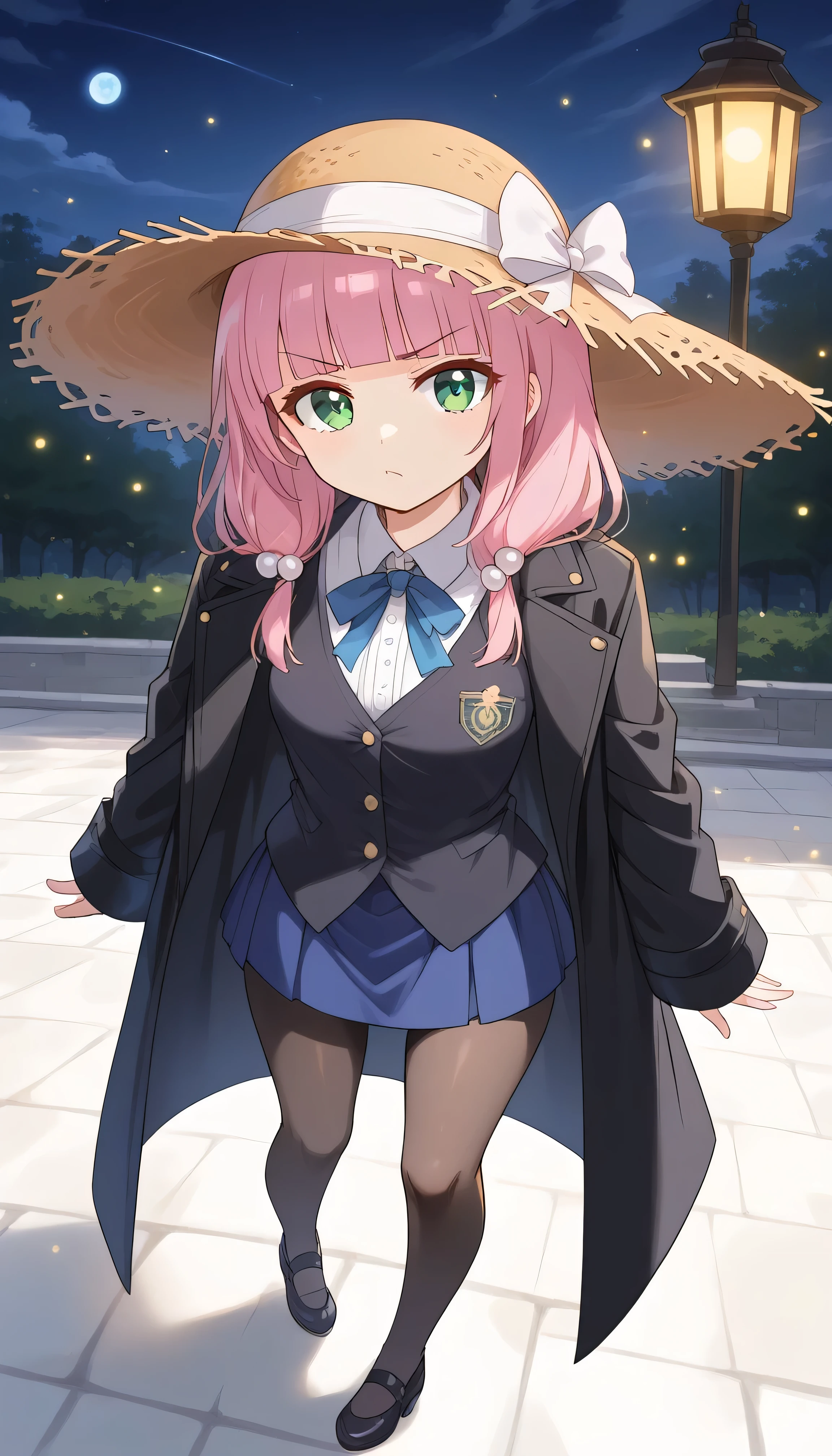 luzao\(EOE\),one girl,solo,(by mitsumi misato:0.6),best quality, masterpiece, ,,break,1girl, outdoors,(Detailed background), (Detailed Lighting),,break, super detailed skin,very high resolution, very aesthetic, Best sexual lighting powered by famous artist, 8k, 16k,,beauty illustration,photoshop_(small),,(Detailed Lighting),best anime 8k konachan wallpaper, pixiv contest winner,(green eyes:1.2),(pearl pink hair|Detailed hair|blunt bangs|shiny hair),(black vest,black large coat,miniskirt,black pantyhose,large straw hat),firefly,moon glare,(full body shot from above),unaestheticXL_bp5, (negative_v2 Color_Balance_Calibration:0.8), aidxlv05_neg