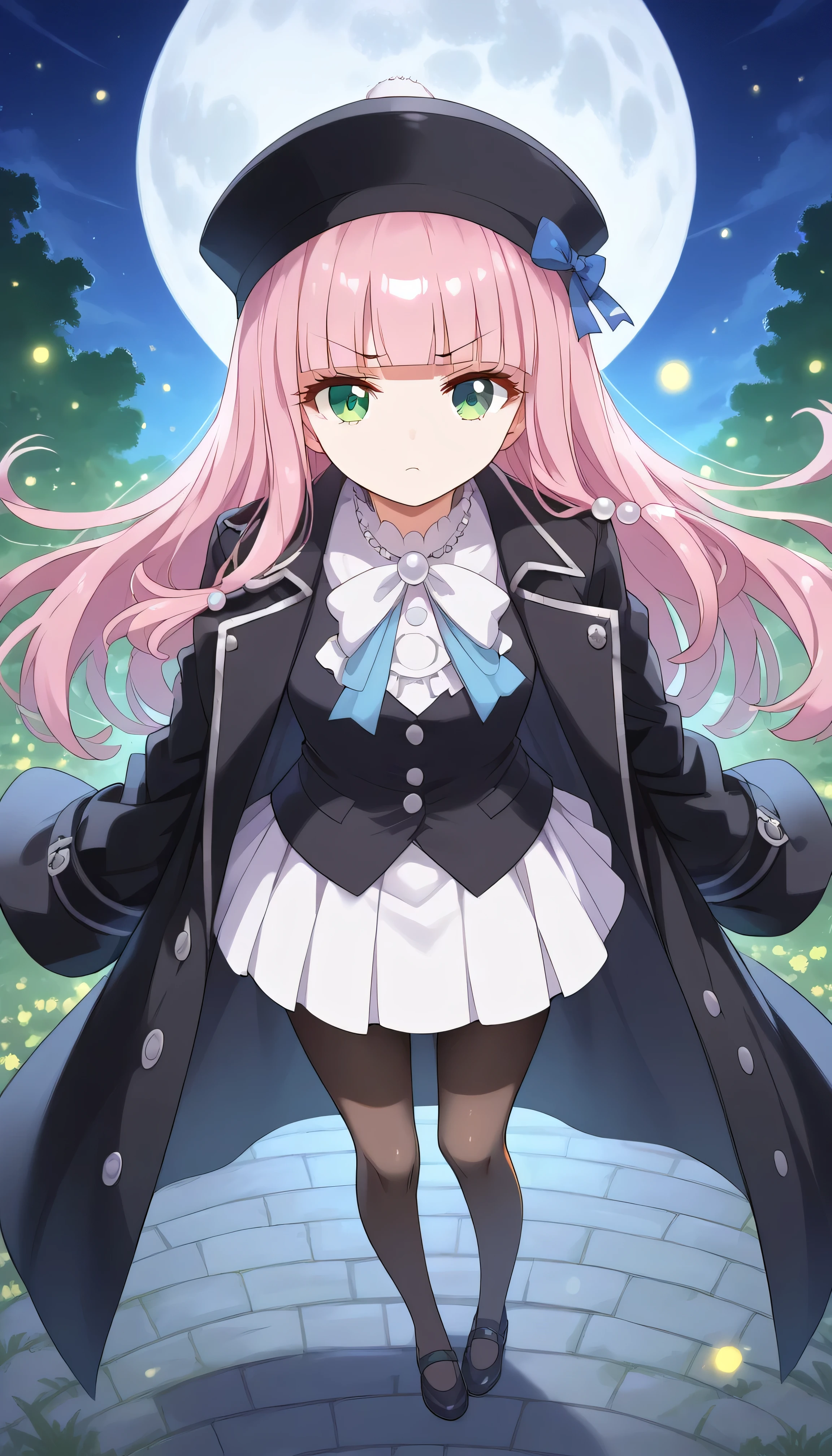 luzao\(EOE\),one girl,solo,(by mitsumi misato:0.6),best quality, masterpiece, ,,break,1girl, outdoors,(Detailed background), (Detailed Lighting),,break, super detailed skin,very high resolution, very aesthetic, Best sexual lighting powered by famous artist, 8k, 16k,,beauty illustration,photoshop_(small),,(Detailed Lighting),best anime 8k konachan wallpaper, pixiv contest winner,(green eyes:1.2),(pearl pink hair|Detailed hair|blunt bangs|shiny hair),(black vest,black large coat,miniskirt,black pantyhose,large wizzard hat),firefly,moon glare,(full body shot,view from above),unaestheticXL_bp5, (negative_v2 Color_Balance_Calibration:0.8), aidxlv05_neg