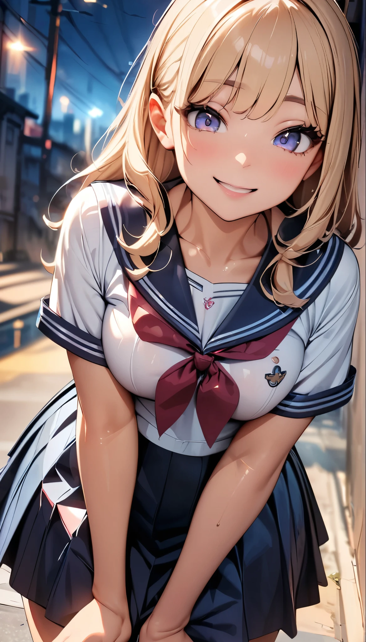 (Highest quality:1.24K, 8k, Studio Anime, Very detailed, Latest, Vibrant, High detail, High Contrast, masterpiece:1.2, Highest quality, Best aesthetics), (((1 Girl))), Sit and pose, ＪＫ, Sailor suit, Pleated skirt, loose socks, loafers, Please open your mouth a little:1.2, smile, Dynamic Angle, look up:1.3, Friendly atmosphere, Beautiful Hair, Shiny Hair, Beautiful Skin, Detailed face and eyes, Glossy Lips, Curvy Women, Striking contrast,