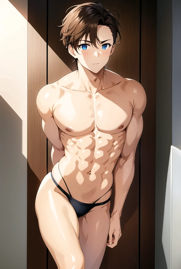 A japanese man, white skin, shirtless, wearing panties, inside a white room, slim body, Stand straight, hand straight down , visible from head to toe