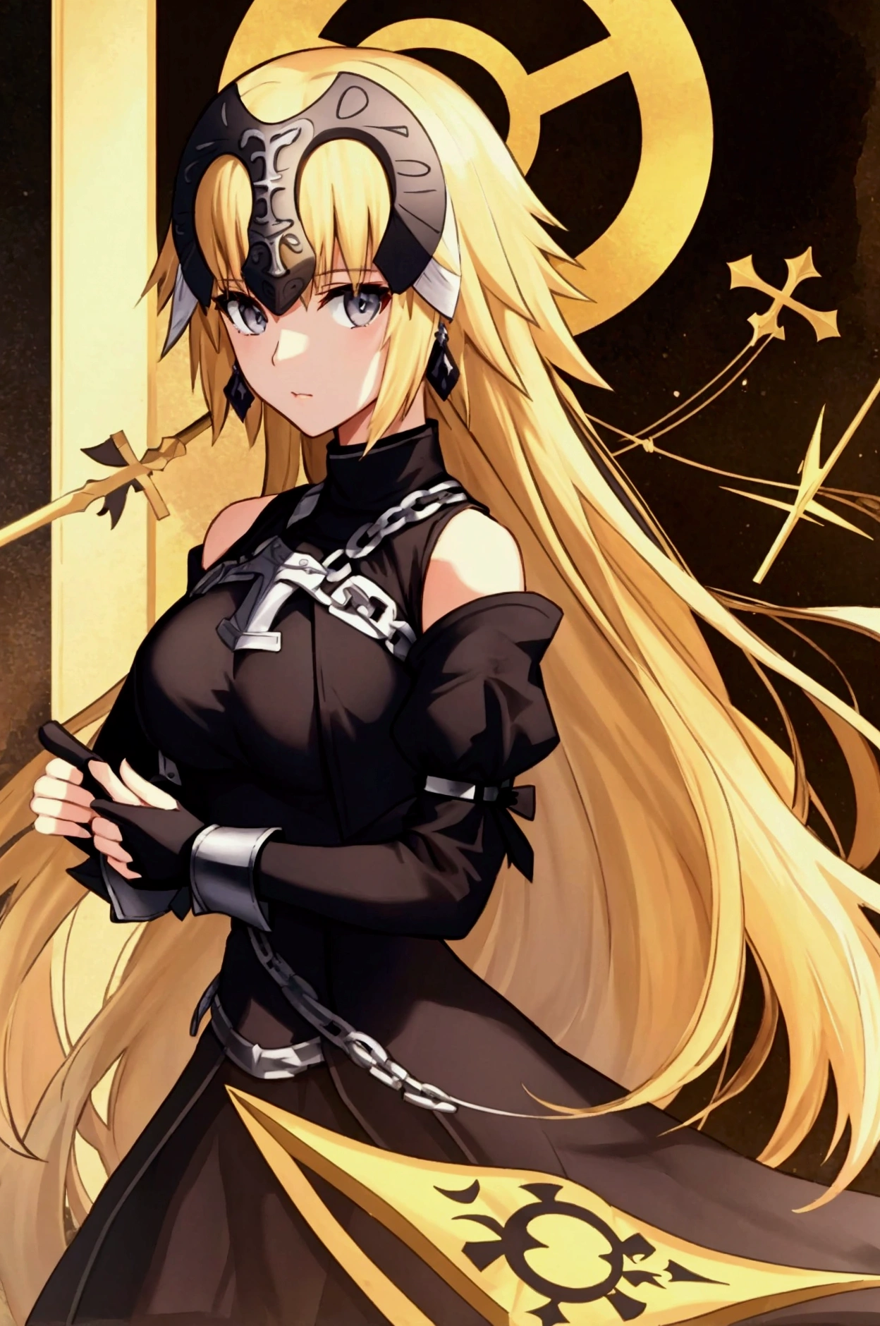 Anime style, teen Jeanne D'arc, fate grand order, black hunting dress, black cross-shaped earring, black spear with white cross-shape designs, golden blonde hair