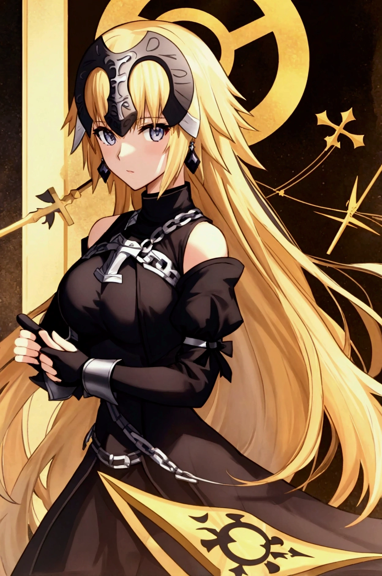 Anime style, teen Jeanne D'arc, fate grand order, black hunting dress, black cross-shaped earring, black spear with white cross-shape designs, golden blonde hair