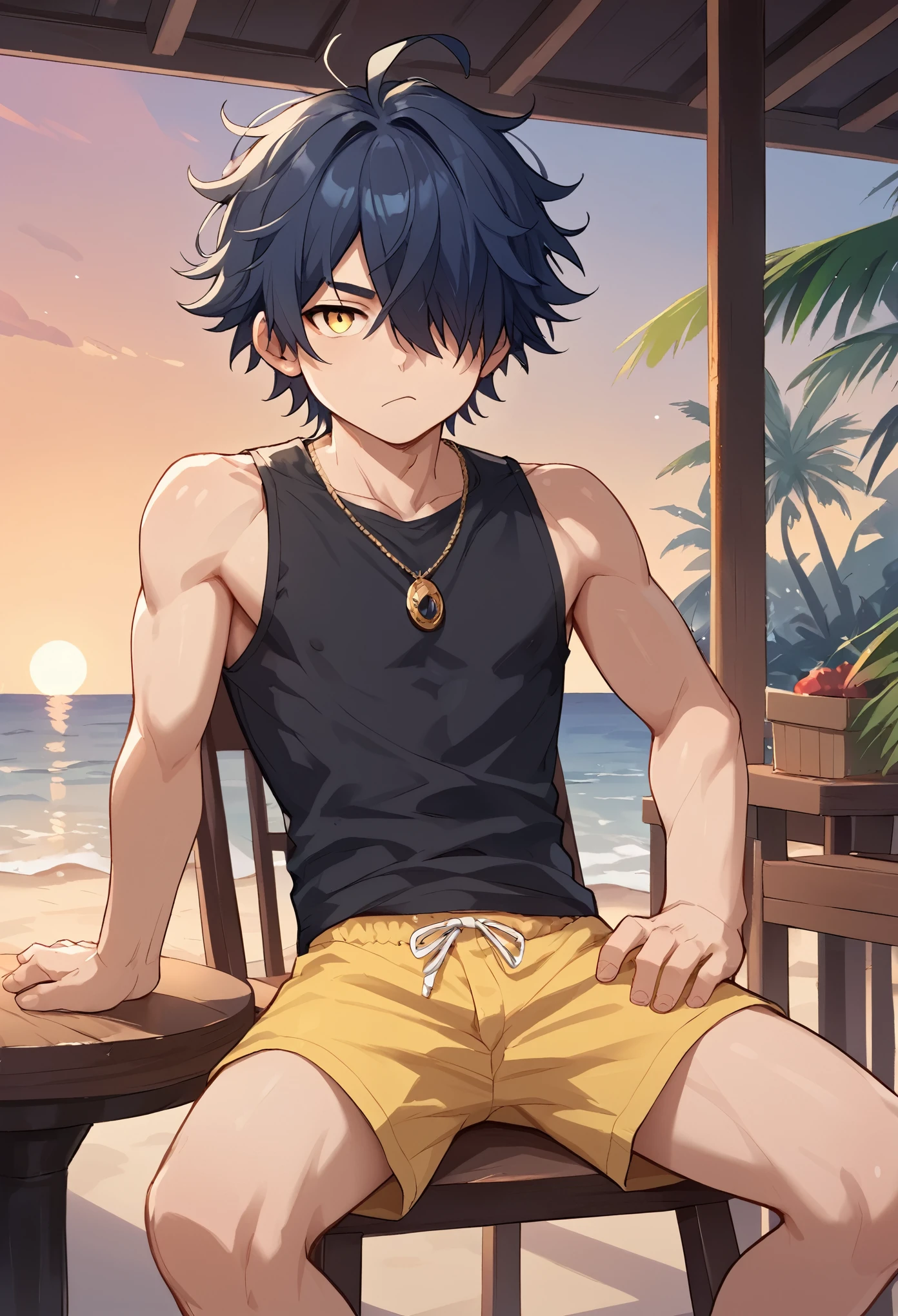 score_9_up, score_8_up, score_7_up, solo, source_anime, 1boy, handsome guy, young adult, young man, solo, dark blue hair, messy hair, ahoge BREAK hair over left eye, yellow eye BREAK bored face, looking at viewer, closed mouth, black shirt, sleeveless, yellow shorts, sitting on chair, ocean, sunset sky, tropical resort, outdoors, huts, wooden table