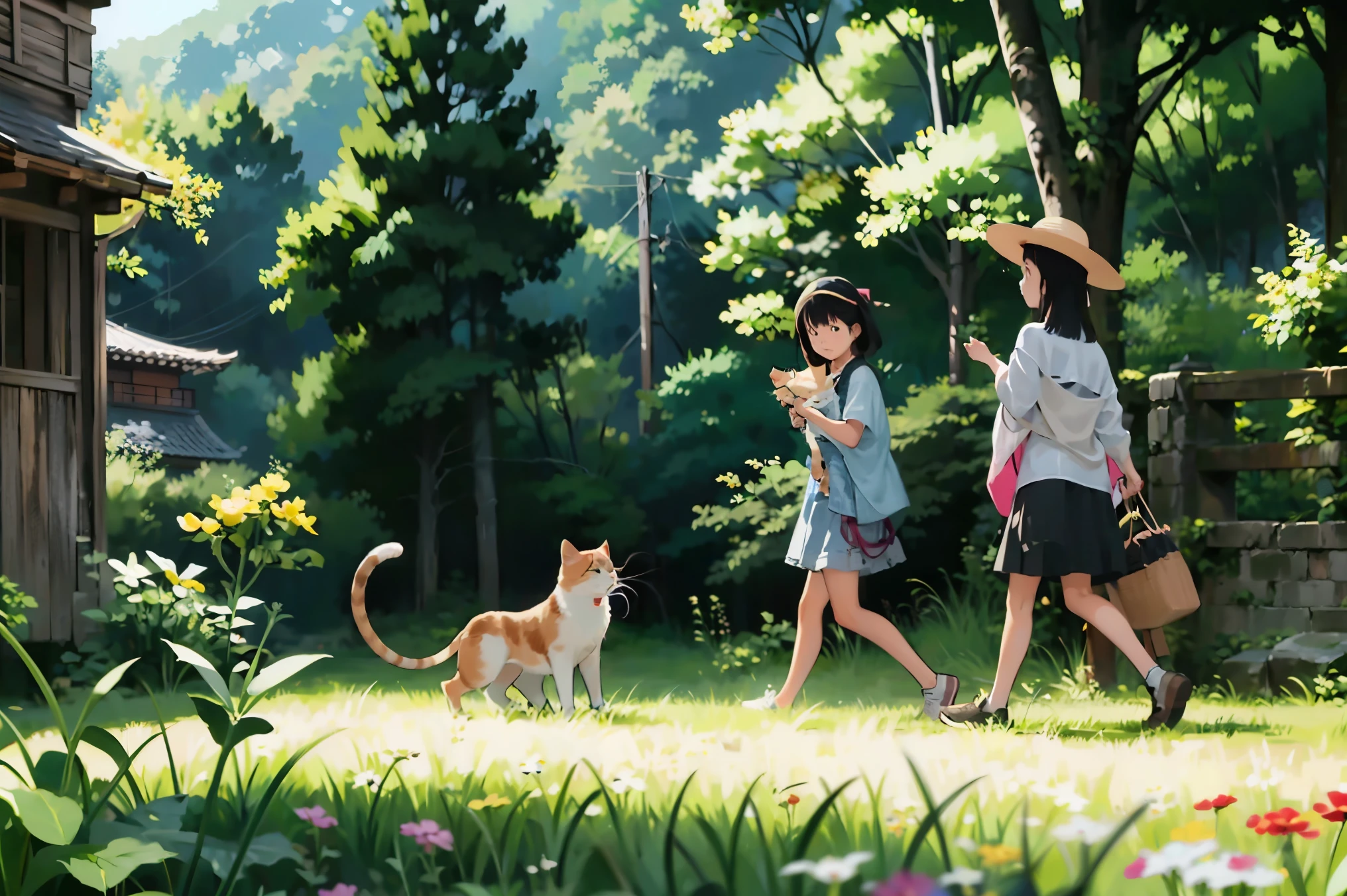 Three girls and a calico cat、On top of the stone walls of a Japanese castle ruins、Black Hair, Short Hair、Long Hair, Hair Ties, Hairbands, Hair accessories, Straw hat、Shorts, skirt、(A calico cat wanders around)、Dappled sunlight、Outdoor, nature, wood々、 grassland、countryside、Suburban、(Blur the background)、4K、8k、wallpaper、Best Quality、High image quality、masterpiece、