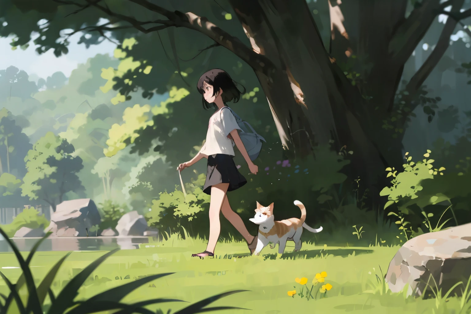 Three Girls, (A calico cat wanders around)、Water Play、Sandals, Black Hair, Short Hair、Long Hair, Hair Ties, Hairbands, Hair accessories, Shorts, skirt、Dappled sunlight、Outdoor, nature, rock, grassland、countryside、Suburban、(Blur the background)、4K、8k、wallpaper、Best Quality、High image quality、masterpiece、