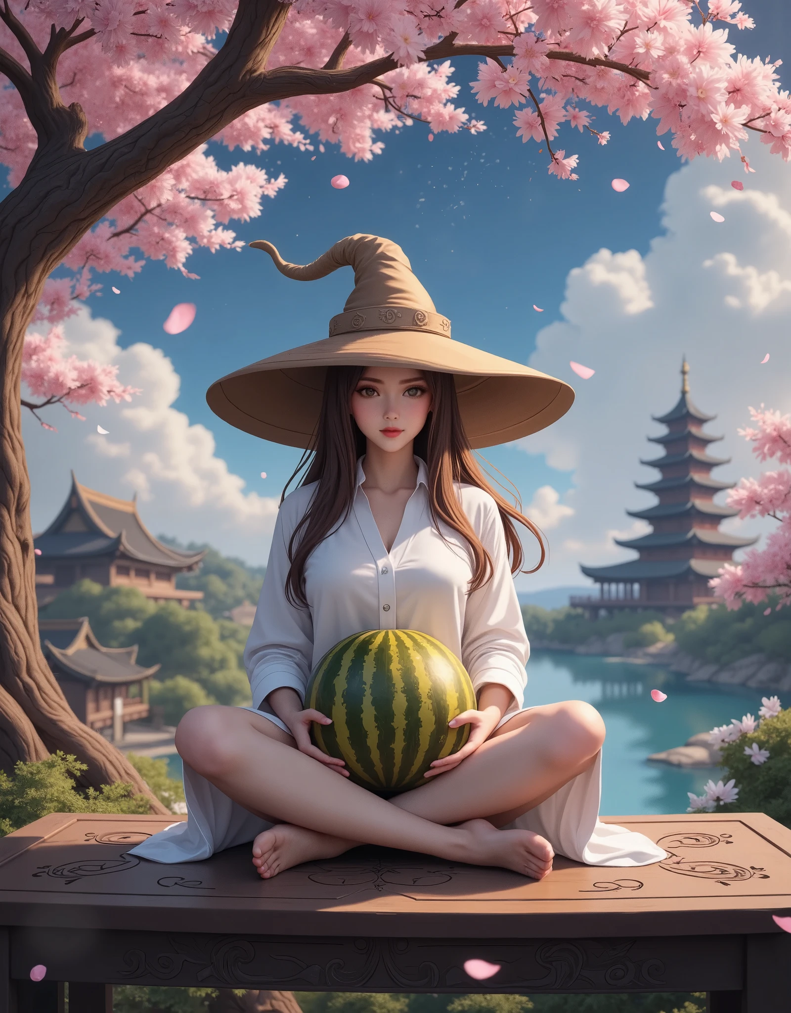 1girl, solo, close-up, powerful sorceress, wide magic hat, holding a big golden watermelon, golden rind, crossed legs, sitting on ornate dark wooden surface under Sakura tree, falling petals, magic garden, lake, starry night sky, magic tower in the distance.