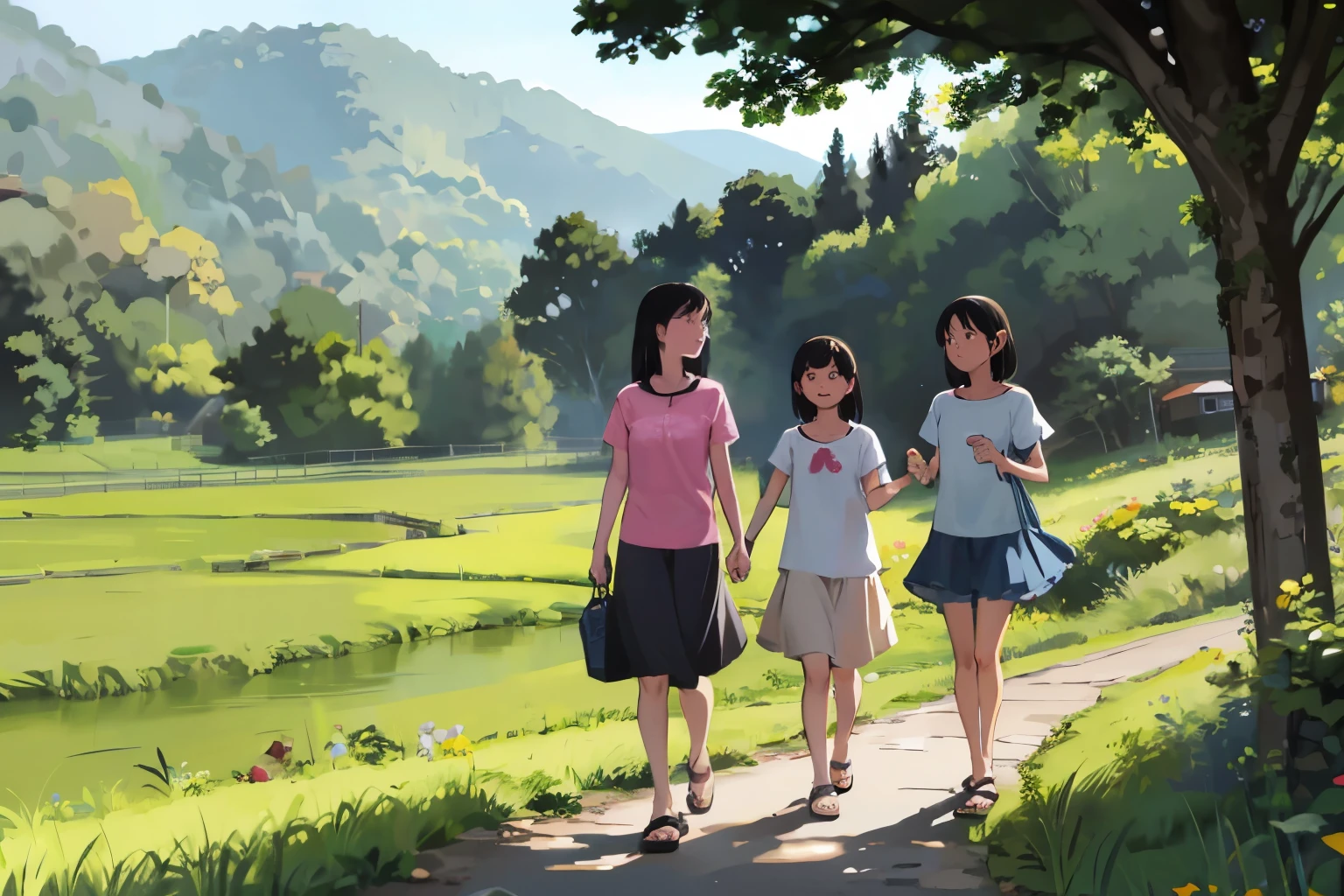 Three Girls, (A calico cat wanders around)、Water Play、Sandals, Black Hair, Short Hair、Long Hair, Hair Ties, Hairbands, Hair accessories, Shorts, skirt、Dappled sunlight、Outdoor, nature, rock, grassland、countryside、Suburban、(Blur the background)、4K、8k、wallpaper、Best Quality、High image quality、masterpiece、