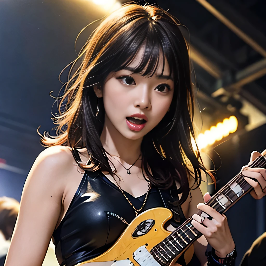 highest quality, High resolution, (realistic:1.2), (A girl with a microphone, A girl playing a black electric guitar:1.3), Japanese beautiful girl, smile, big slit eyes, (big double eyelids:1.5), high definition eyes, plump cheeks, (hair up:1.1), big earrings, off-the-shoulder dress, cleavage, Les Paul Custom, bright lighting, Concert Halls in Europe, Wiener Musikverein, orchestra, on stage,