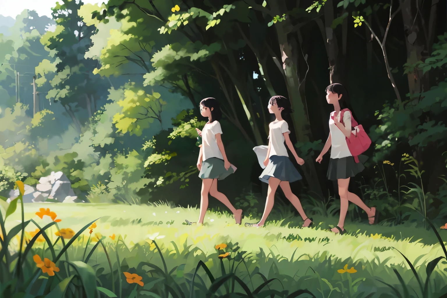 Three Girls, (A calico cat wanders around)、Sandals, Black Hair, Short Hair、Long Hair, Hair Ties, Hairbands, Hair accessories, Shorts, skirt、Dappled sunlight、Outdoor, nature, rock, grassland、countryside、Suburban、(Blur the background)、4K、8k、wallpaper、Best Quality、High image quality、masterpiece、
