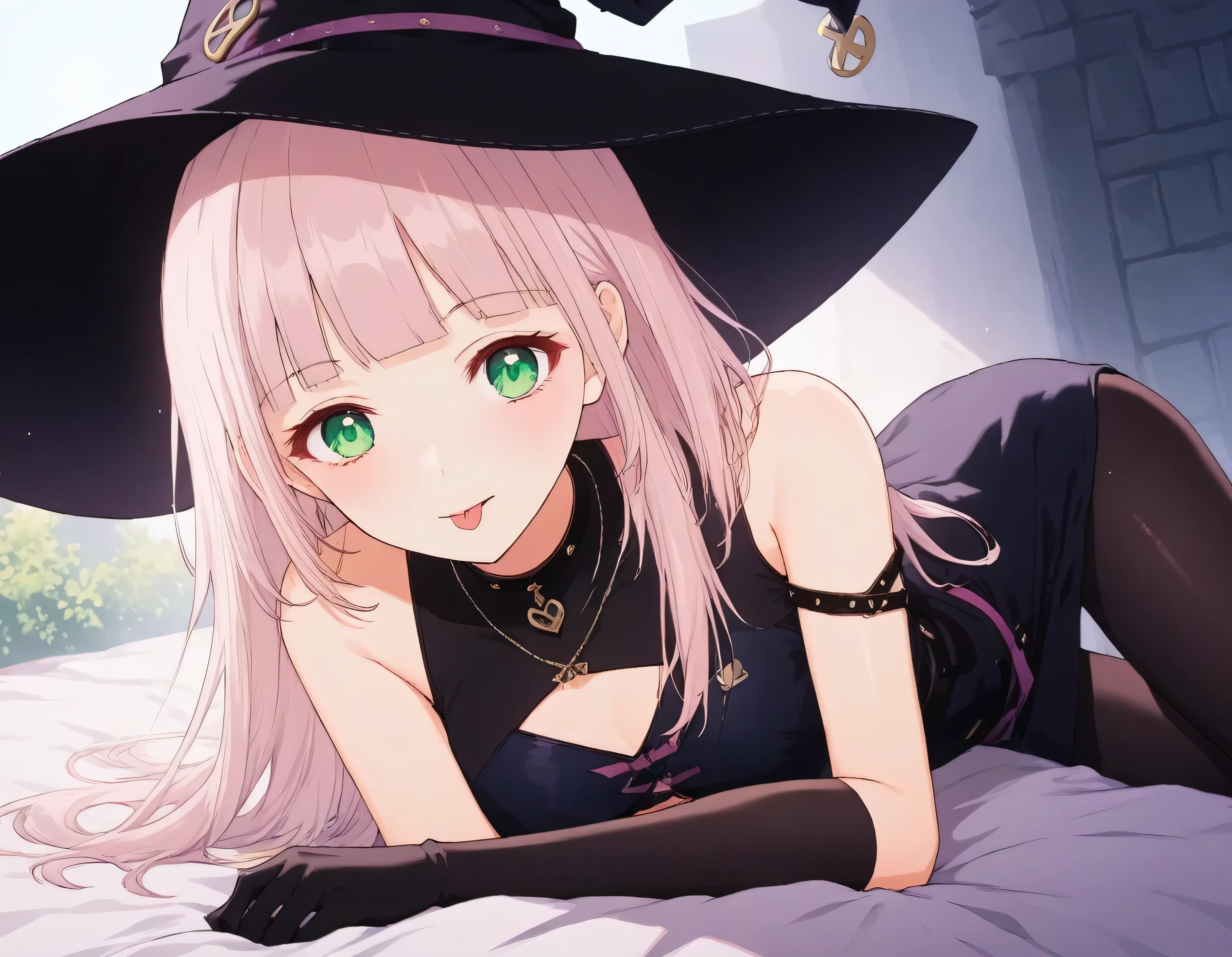 luzao\(EOE\),one girl,solo,(by mitsumi misato:0.6),best quality, masterpiece, ,,break,1girl, outdoors,(Detailed background), (Detailed Lighting),,break, super detailed skin,very high resolution, very aesthetic, Best sexual lighting powered by famous artist, 8k, 16k,,beauty illustration,photoshop_(small),,(Detailed Lighting),best anime 8k konachan wallpaper, pixiv contest winner,(green eyes:1.2),(pearl pink hair|Detailed hair|blunt bangs|shiny hair),(black vest,black large coat,miniskirt,black pantyhose,large witch hat),laid on bed,dutch angle,(full body shot,peace sign),(serious,tongue out),unaestheticXL_bp5, (negative_v2 Color_Balance_Calibration:0.8), aidxlv05_neg, (SuperQuality:1.0) ~ (SuperQuality:1.2), aid210, SimplePositiveXLv2